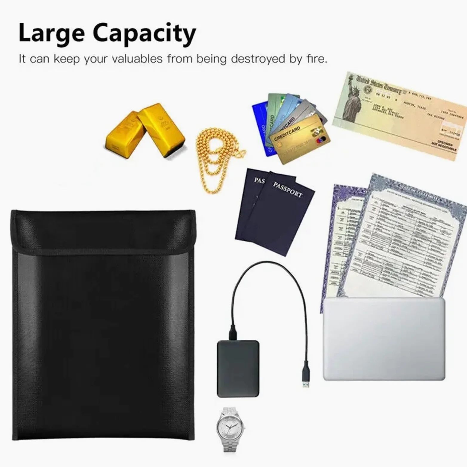Borsa Portadocumenti Impermeabile ignifuga Borsa da Viaggio Portatile sicura Resistente al Fuoco a 3 Livelli for passaporto Gioielli in Denaro(Black)