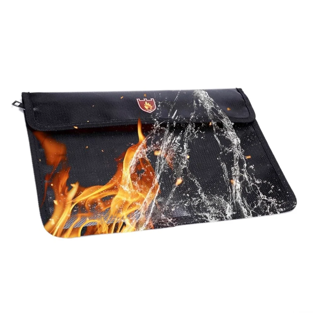 Borsa portadocumenti ignifuga, resistente al fuoco, sicura per oggetti di valore, organizer impermeabile in fibra di vetro con strato di blocco del segnale, grande capacità, nero, 30,5 x 21 cm