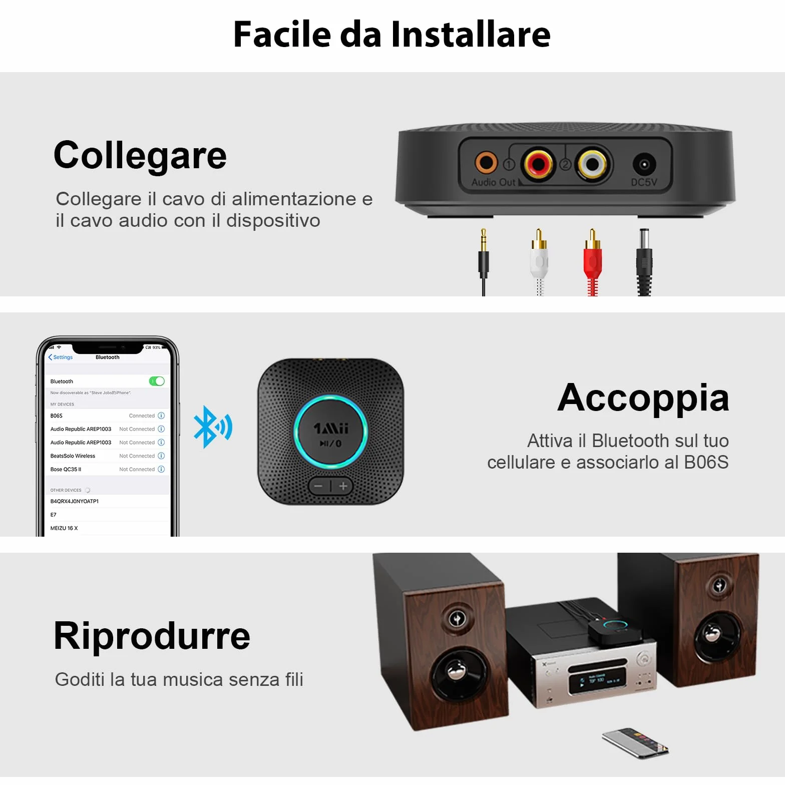 1Mii Ricevitore Bluetooth 5.3 HiFi, Adattatore Audio Bluetooth con Controllo Volume, Jack AUX e RCA aptX HD/Bassa Latenza Musica Wireless per Casse Attive, Impianto Stereo, Amplificatore, Lungo Raggio