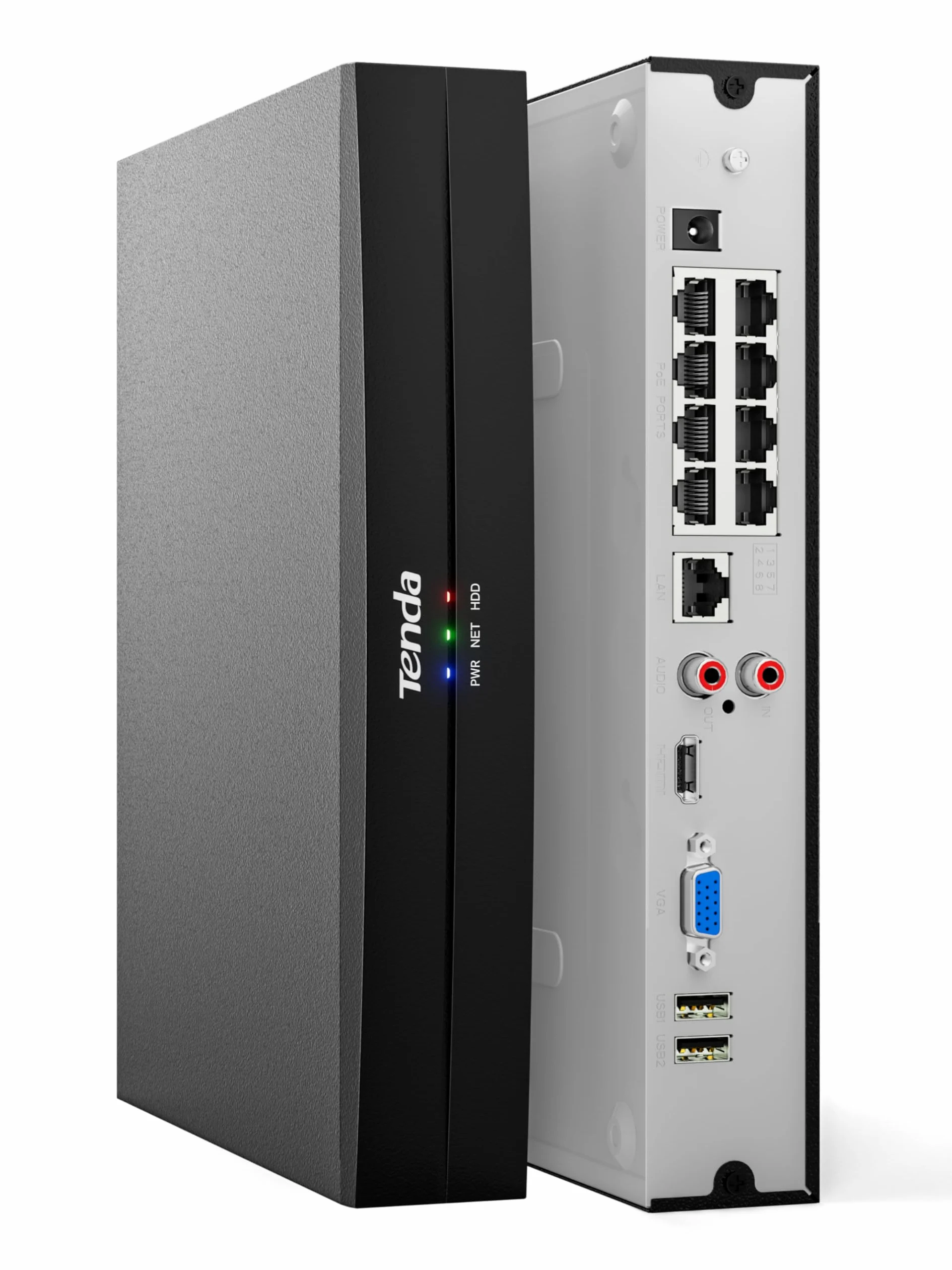 Tenda TN3108-8P NVR Sistema di Sorveglianza 4K, Trasmissione 250m, H.265+, Plug&Play, Supporto HDD fino a 10 TB (non incluso)/Archiviazione Cloud, Protezione Fulmini 4KV, App Controllo Remoto