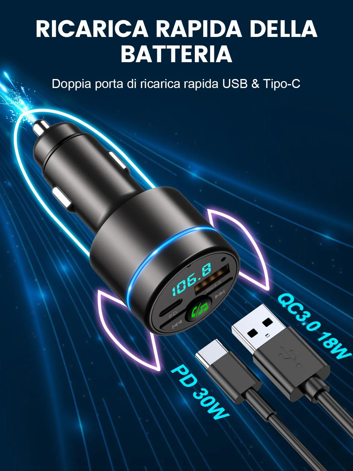 Mohard [Carcassa in Metallo] Bluetooth 5.3 Auto Trasmettitore FM, PD 30W & QC3.0 18W Ricarica Rapida Adattatore Bluetooth Auto Accendisigari, Amplificatori Multicanale Musica Hi-Fi & Chiamate Vivavoce