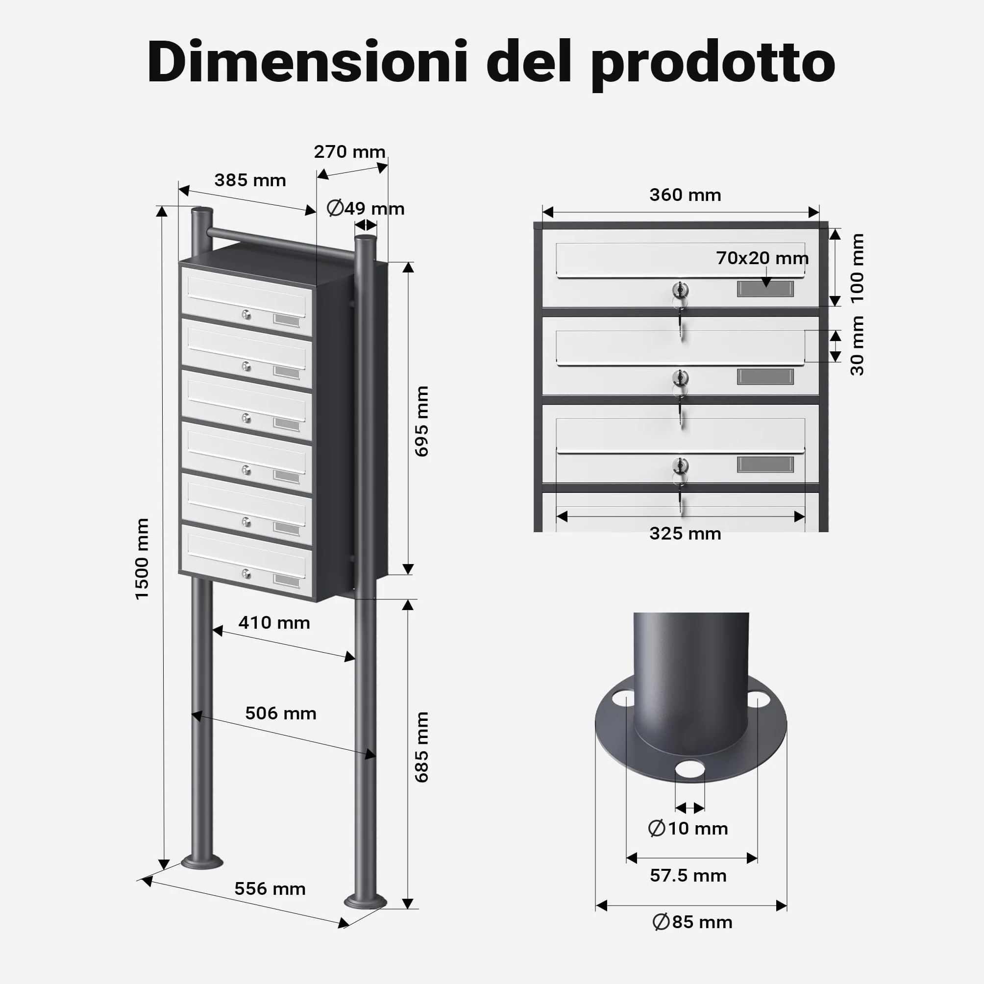 Wiltec Cassetta postale condominiale autoportante 6 posti antracite/bianco 513 x 270 x 1500 mm