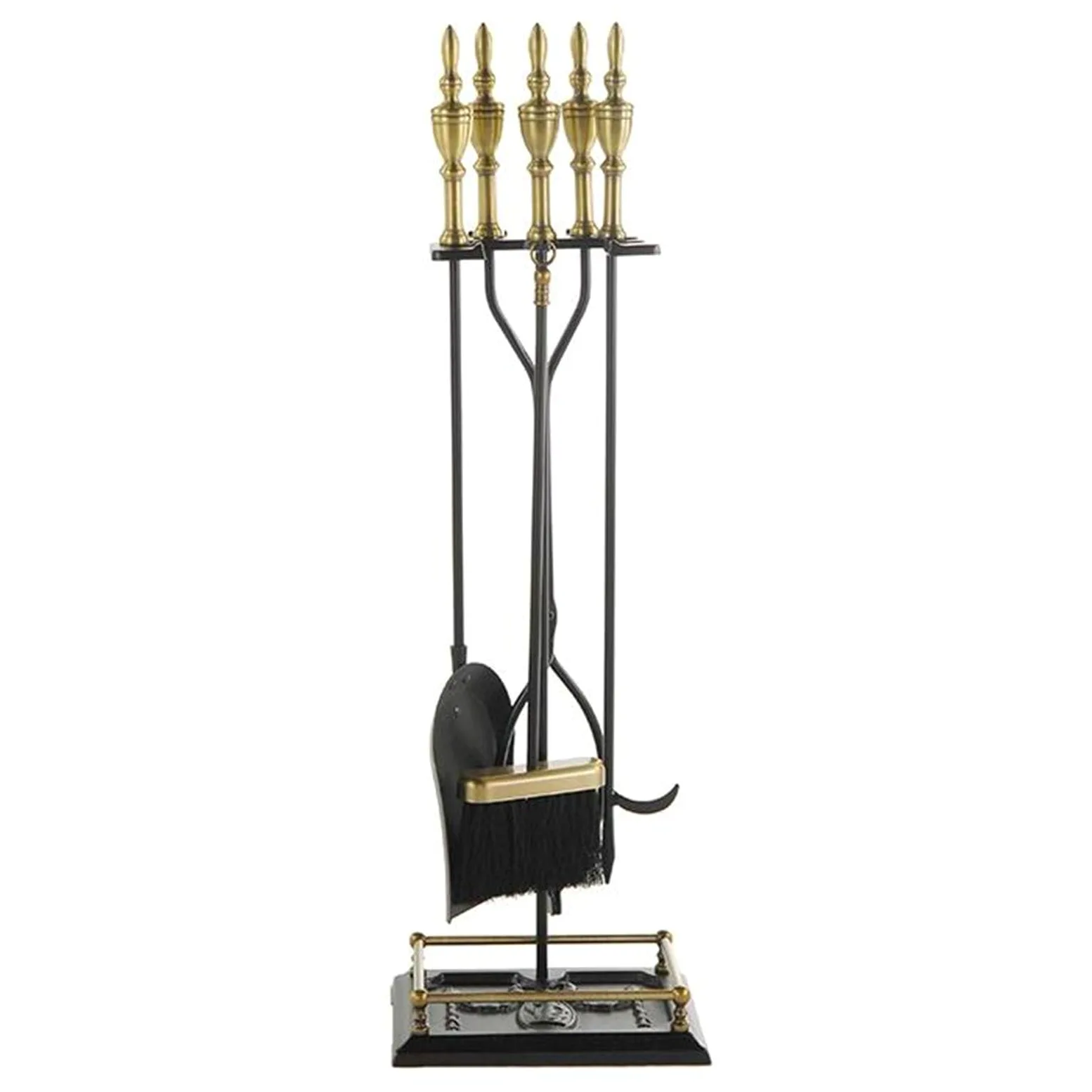 Set di 5 Attrezzi per Camino, Set di Attrezzi per Camino da Interno per impieghi gravosi con pinze per attizzatoio, Scopa, Pala, Supporto, Attrezzi per Camino, Kit di Accessori per focolare