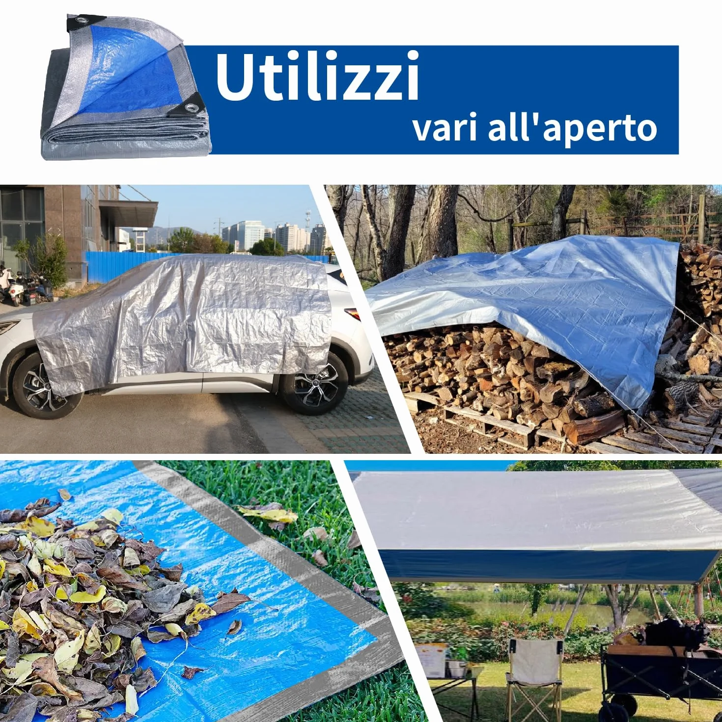 Telone Occhiellato Leggero Argento/Blu Antistrappo Impermeabile Antivento e Resistente ai Raggi UV per Auto,Camion,RV,Casa,Tenda,Barca,Piscina Telo 65g/m² （3x5）