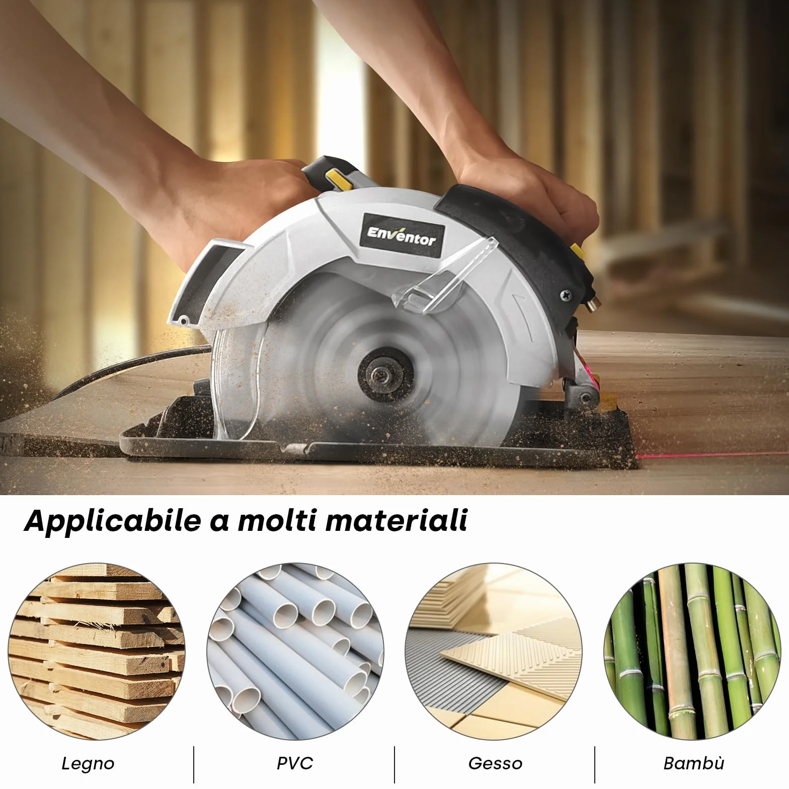 Enventor Sega Circolare 1200W con Guida Laser, per Legno, 2 Lama da 185mm (24T&40T), 5800RPM,Taglio Massima:62mm (90°) e 42mm (45°),Motore Di Rame Puro,Inclusa Guida di Rip