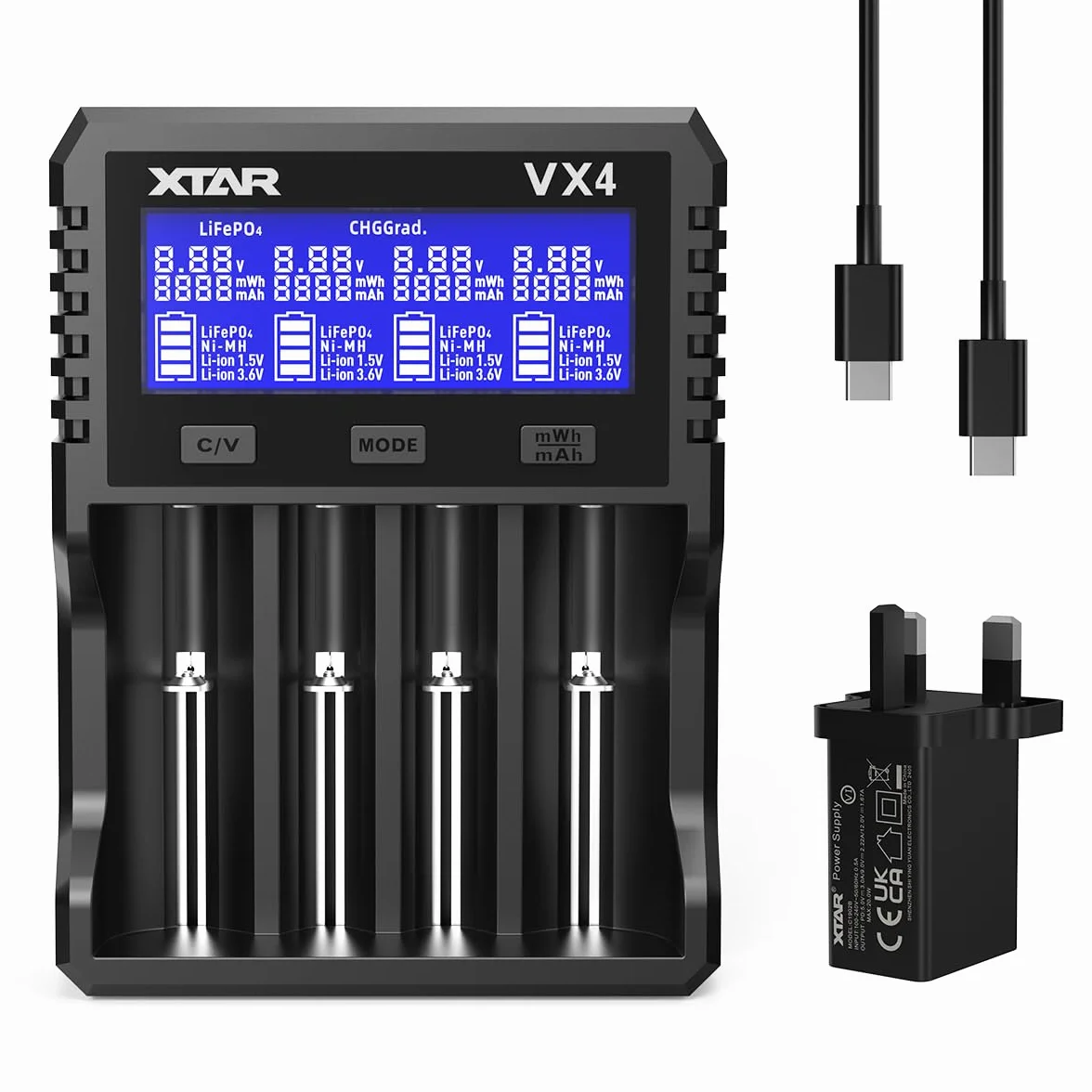 XTAR Caricabatteria VX4, tester di capacità, 3.6/3.7V Li-ion, 1.5V Li-ion, 1.2V Ni-MH, 3.2V LiFePO4 compatibile, schermo LCD, protezione da sovra-scarica