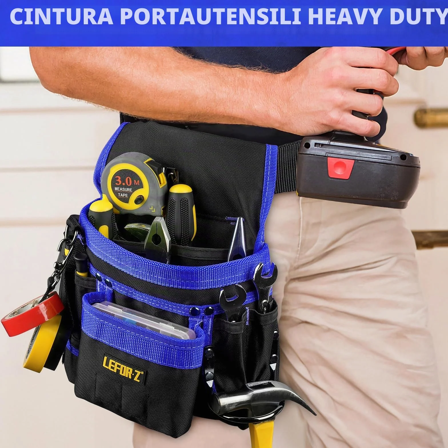 Cintura Porta Attrezzi Magnetica 14 Tasche Regolabile Staccabile Elettricista Falegname Edilizia Nero-Blu