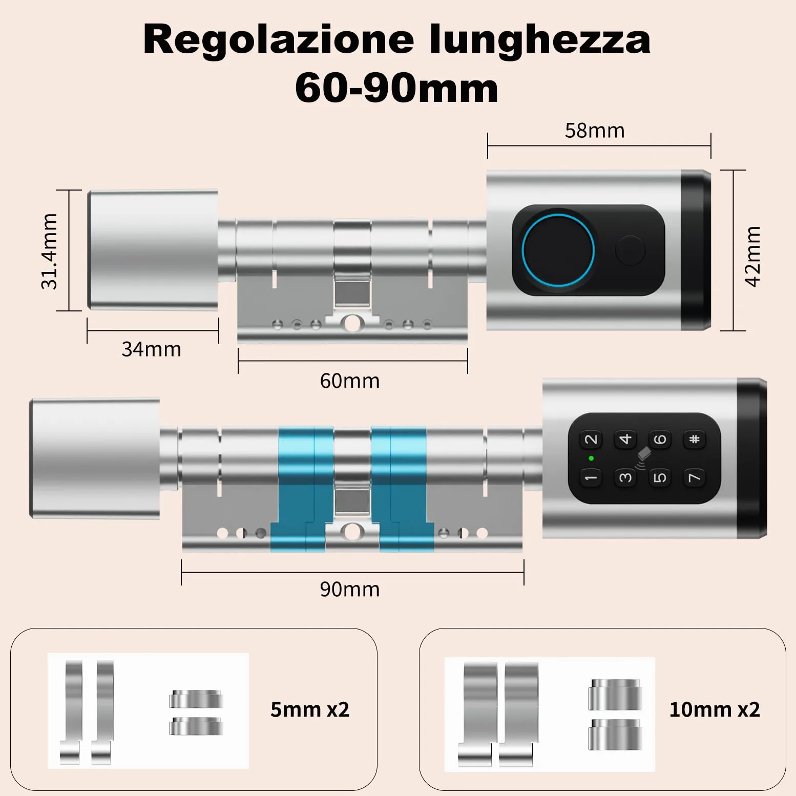 Serratura smart, serratura elettrica porta blindata con impronta digitale, lunghezza regolabile serratura elettrica con scheda RFID, app, WiFi, Bluetooth, 60–90 mm, accessori di prolunga, argento