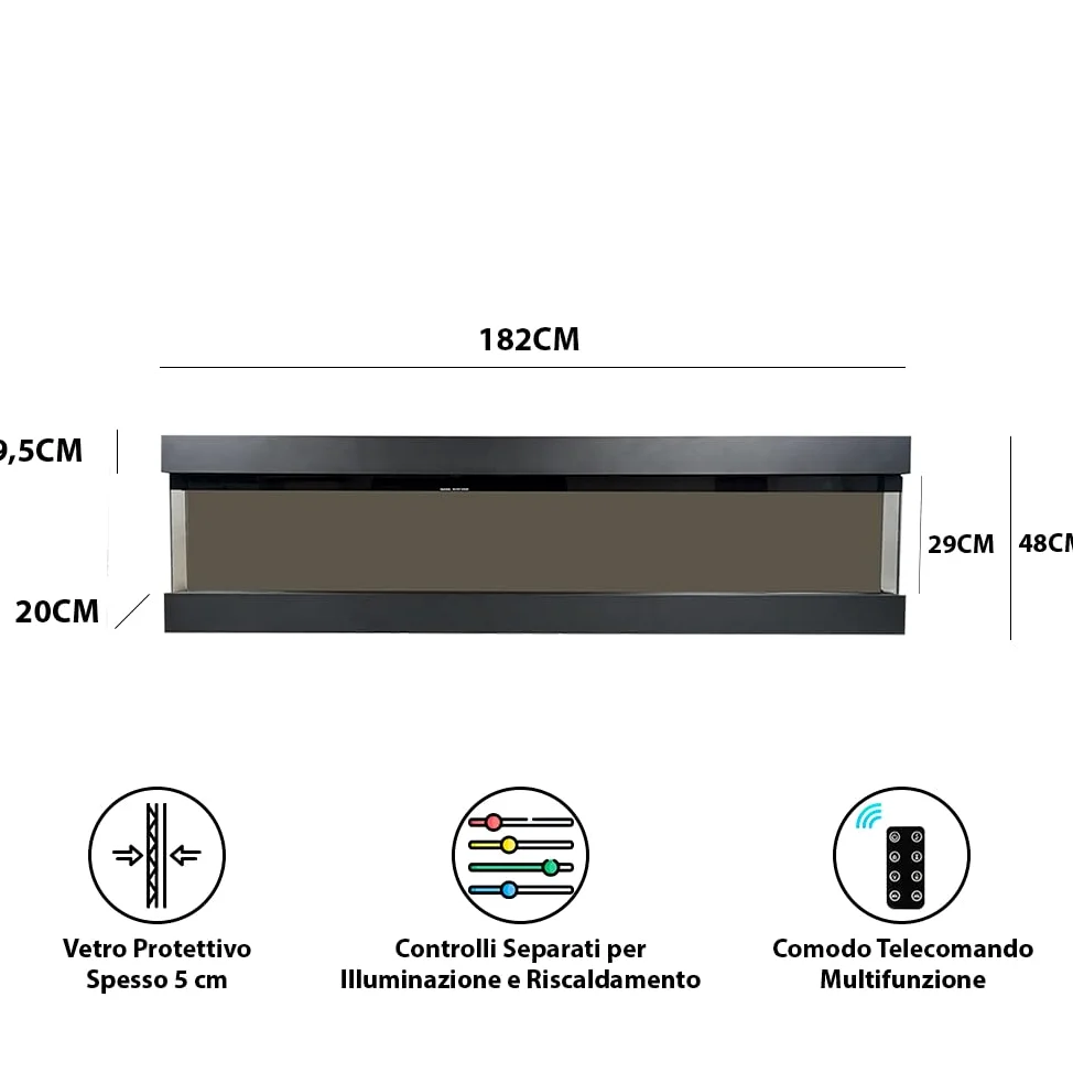 Camino elettrico VELAR | Caminetto a parete da incasso | Stufa ventilata da 750W/1500W a basso consumo, con telecomando, timer, decorazione di tronchi e cristalli (Nero, 182cm)