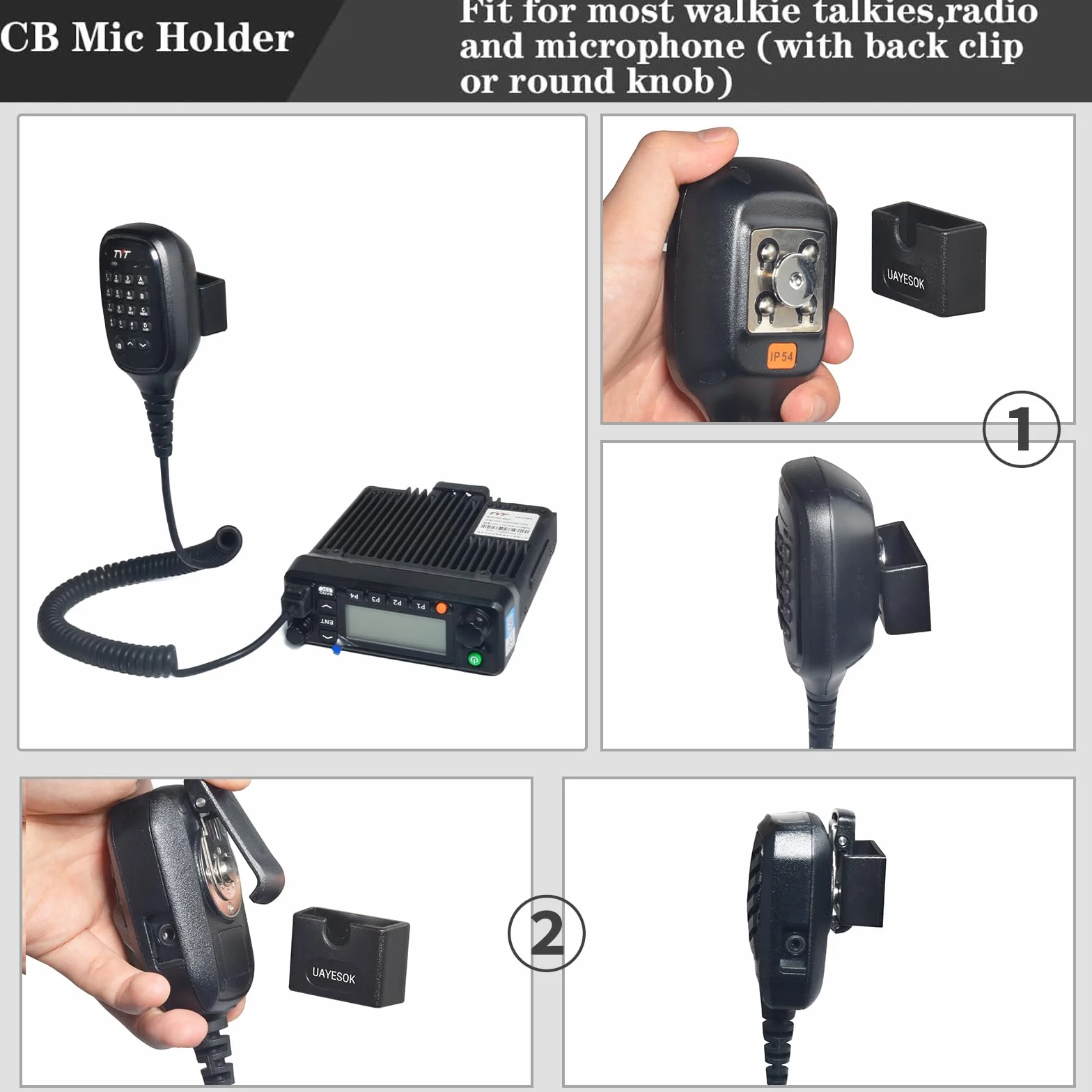 UAYESOK Supporto radio auto, supporto per microfono radio CB con pellicola adesiva 3M, universale, per Motorola Baofeng Kenwood Yaesu Midland Quansheng (nero, 2)