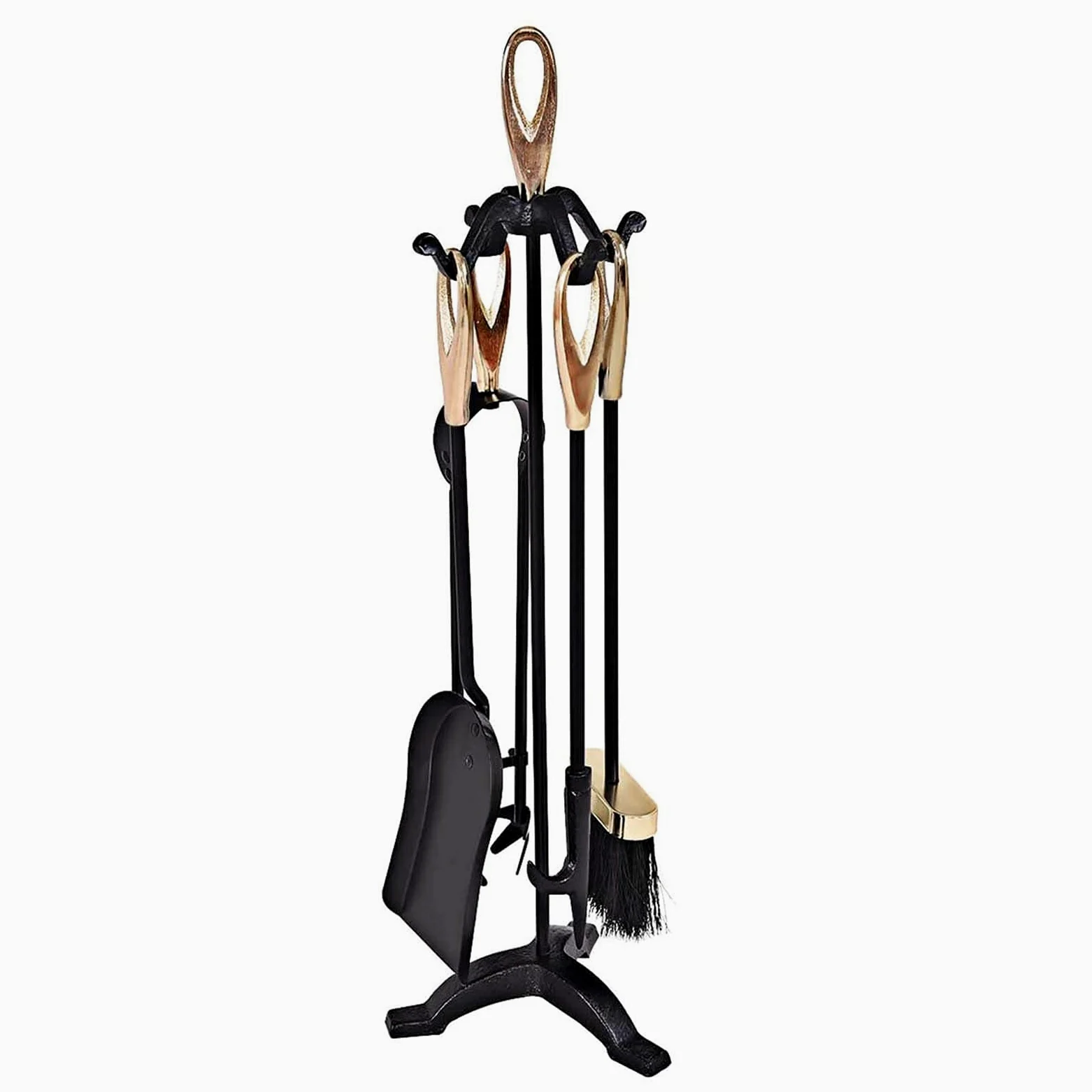 Set di 5 Attrezzi da Camino in Ferro battuto Rustico Nero con Impugnatura Dorata, Include Accessori per braciere a Soffietto e Supporto per caminetto