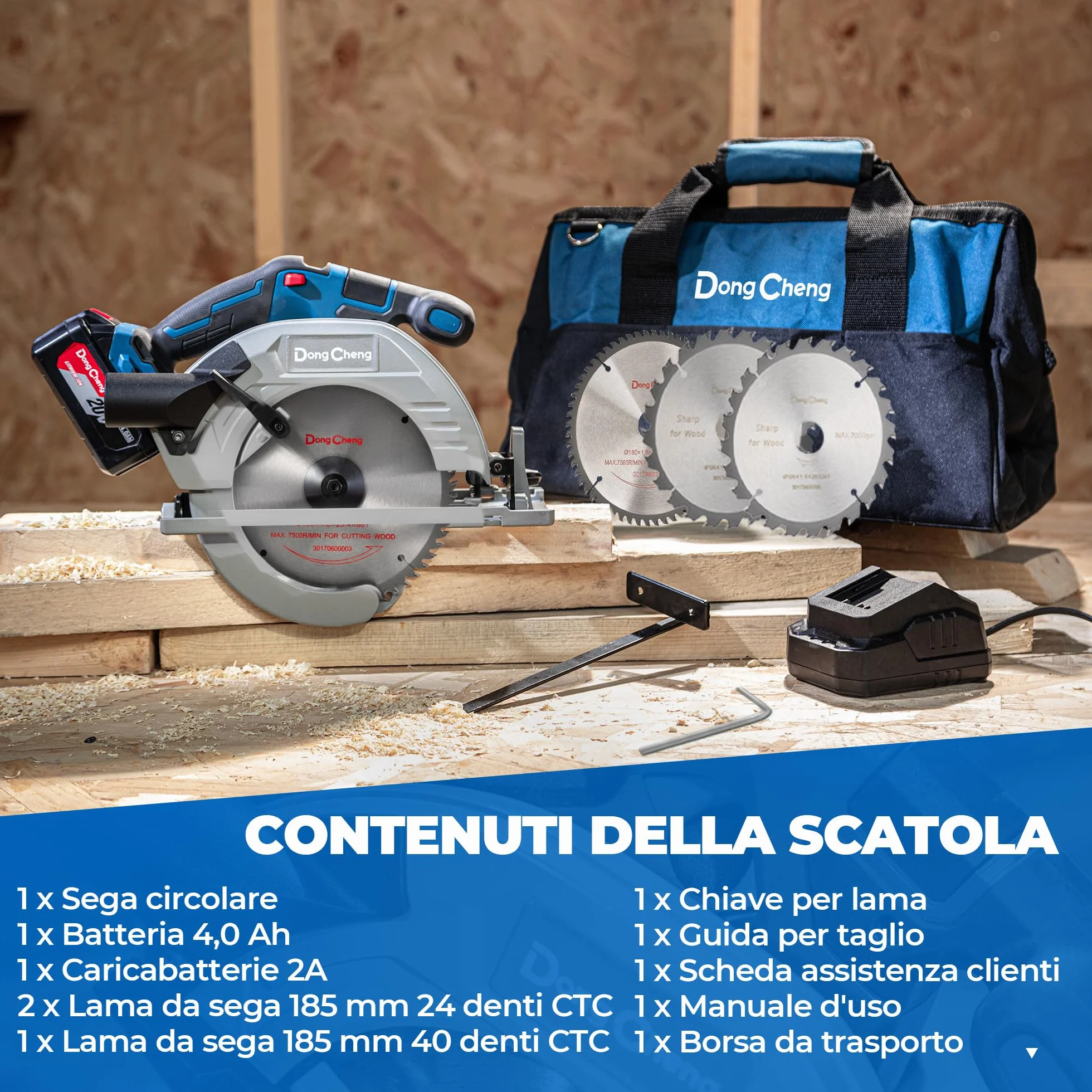Dong Cheng Sega Circolare a Batteria da 18V, Diametro 185 mm, 5000 giri/min, Profondità di Taglio 65mm (90°)/45mm (45°) Con 4.0Ah Batteria, BOXX, Per Legno, Plastica, PVC