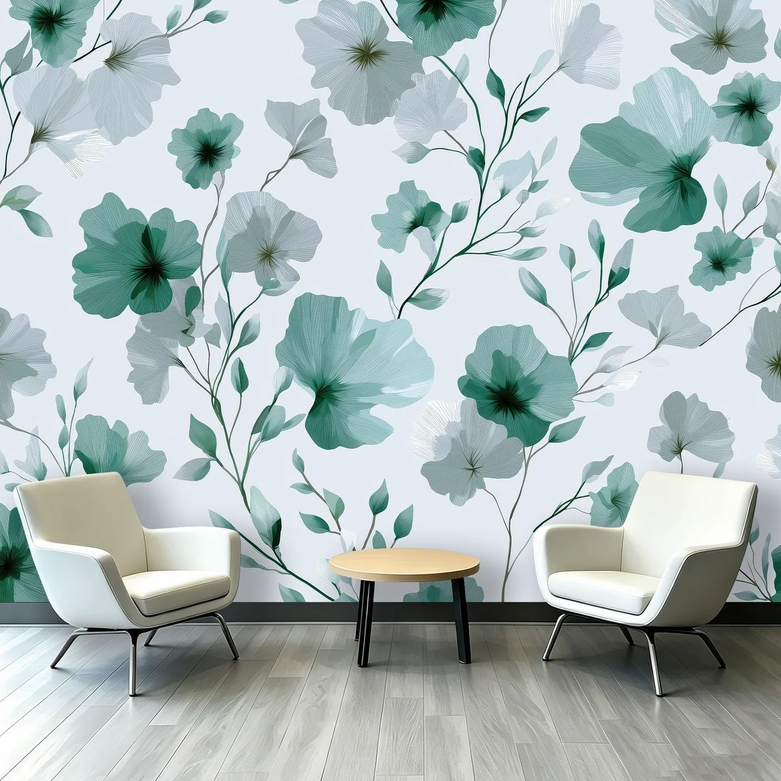 Carta da parati fotografica con motivo botanico scandinavo, 250 x 175 cm (larghezza x altezza), stampa artistica di alta qualità, decorazione per la casa, fai da te, fiori e foglie verdi, per bagno