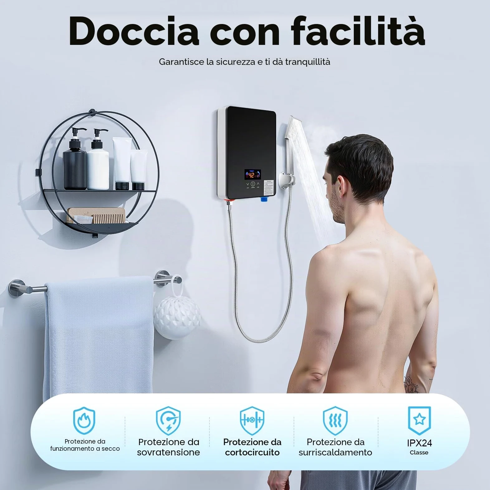 Scaldabagno elettronico istantaneo, 6500 W, 220 V, scaldacqua istantanea Tankless con doccetta, 33-55 ℃, scaldabagno digitale LED per bagno e cucina
