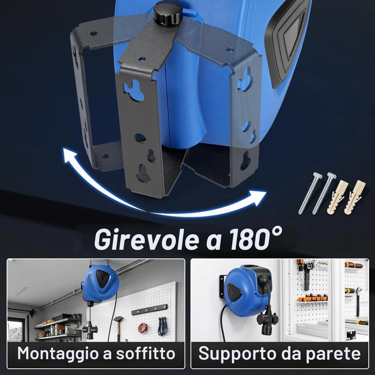 Fiqops Avvolgicavo automatico, 20 m + 1,5 m, montaggio a parete, girevole a 180°, avvolgicavo automatico per officina e stoccaggio, con funzione stop, avvolgicavo (spina singola)