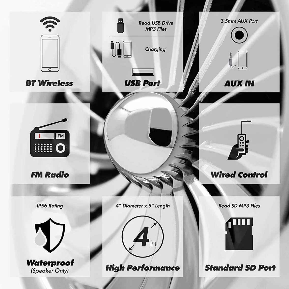 1000W Amplificatore per moto a 4 canali 4 "Altoparlanti stereo Bluetooth per moto impermeabili a gamma completa Sistema audio Radio FM per 1-1,5" Manubrio ATV UTV (Cromo, Ventola)