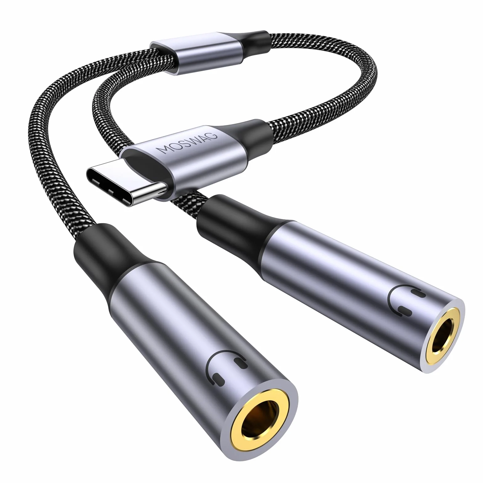 MOSWAG Adattatore USB C Jack Splitter, Adattatore Splitter Jack USB C a Doppio Ingresso da 3,5 mm compatibile con Galaxy S24 S23 S22 S21 iPhone 16 Pro Max/16 Pro/16 Plus, Pixel 7 6 Pro 5