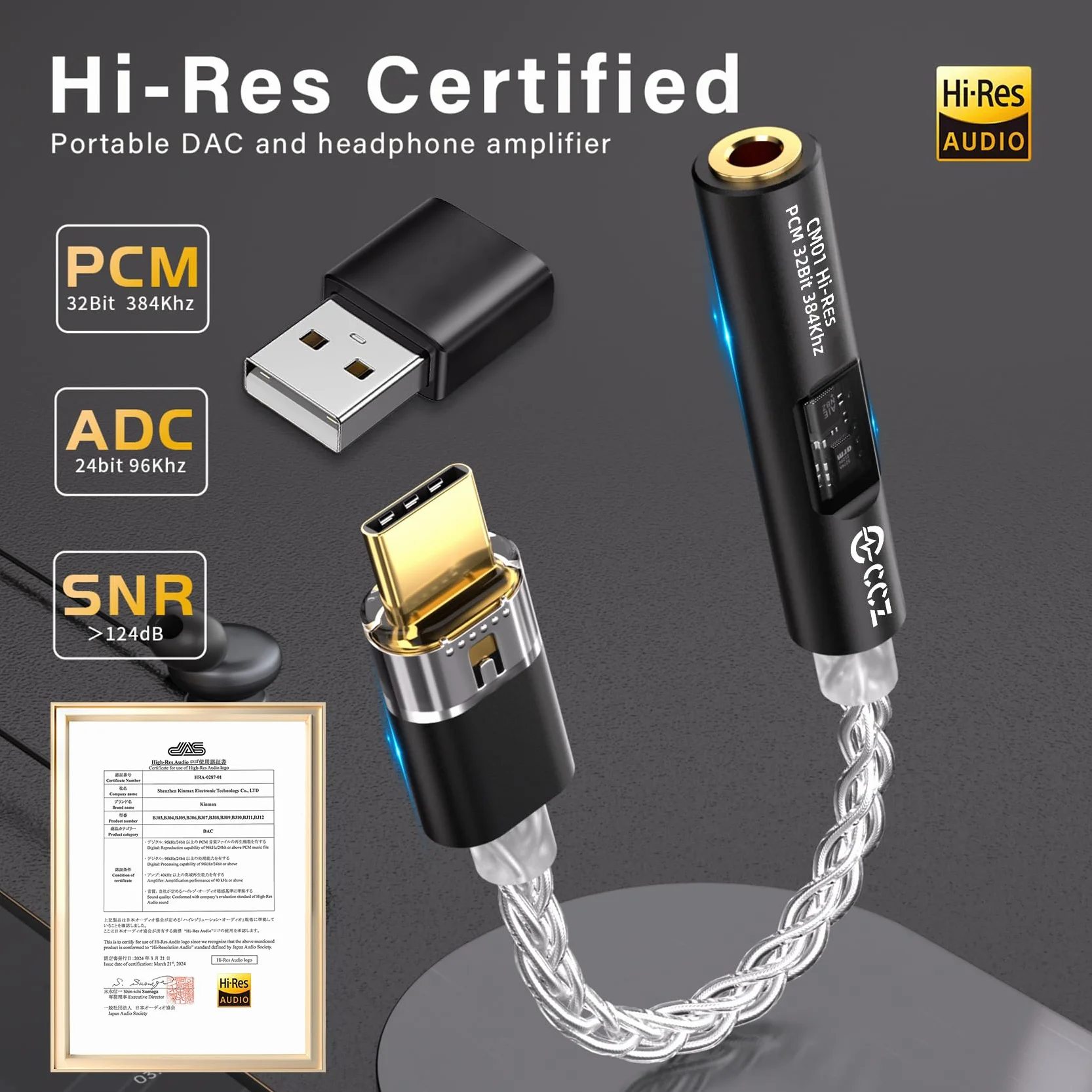 CCZ CM01 Adattatore per cuffie DAC da USB C a jack da 3,5 mm MAX97220 Amp Conexant CX31993 Chip di decodifica, convertitore audio ad alta risoluzione 24 bit/384 kHz con cavo placcato in argento