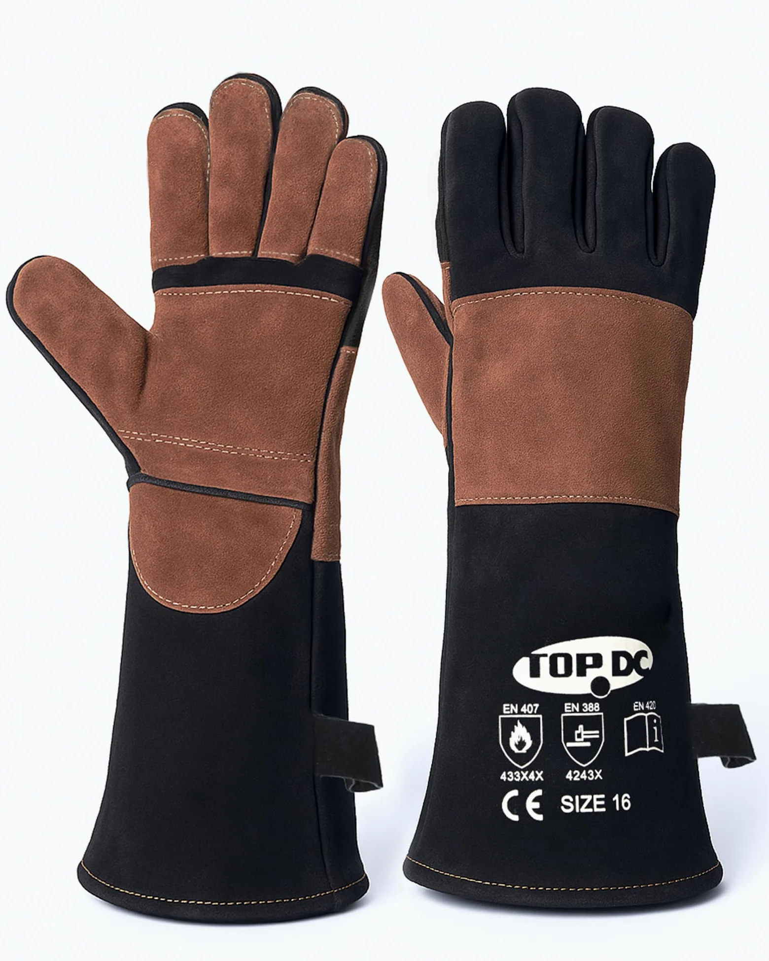 TOPDC Guanti ignifughi in pelle rinforzata con cuciture in kevlar per MIG, Tig, Stick, Forge, BBQ, Grill, forno, camino, fornace, manipolazione animali, XL