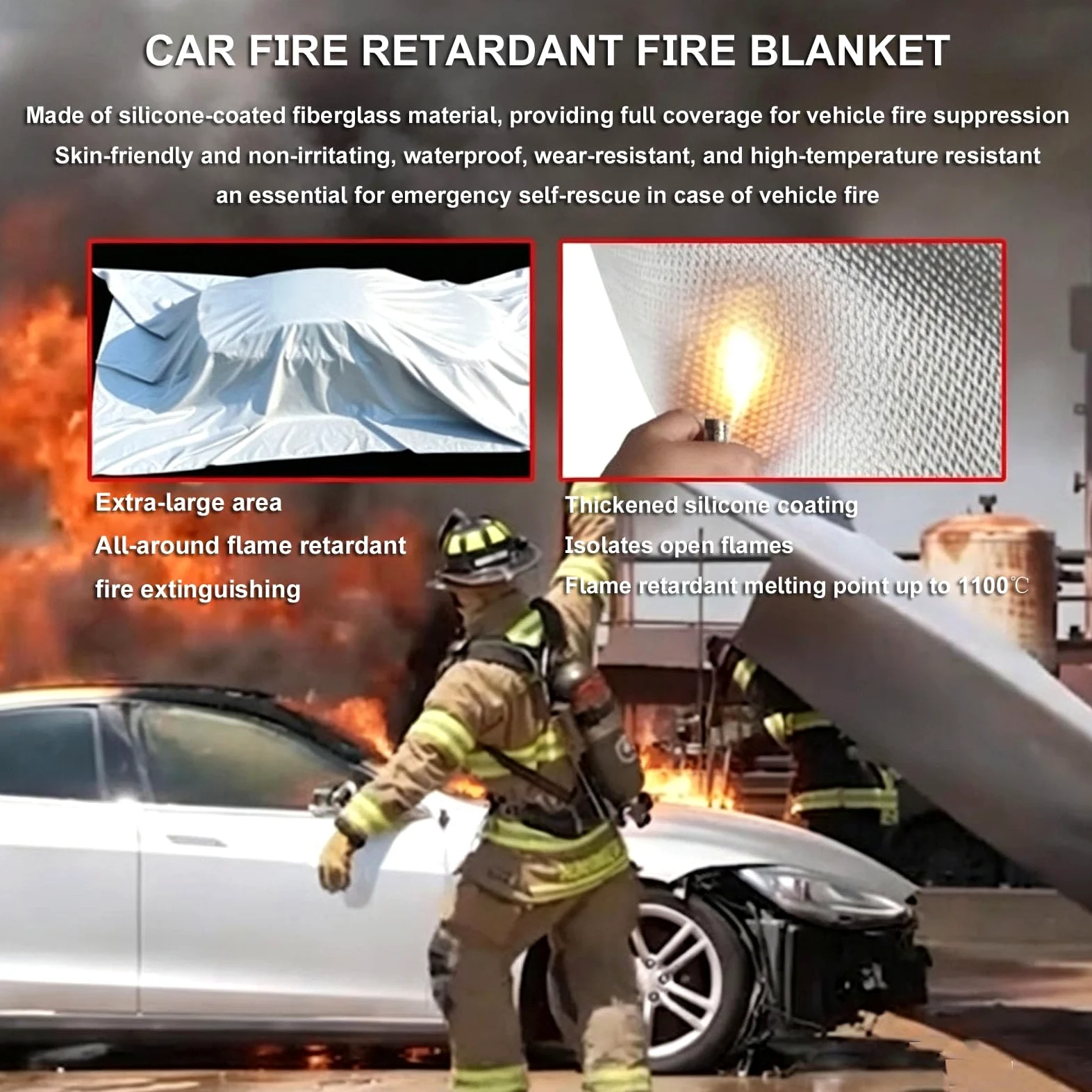 Coperte antincendio di Emergenza per Veicoli a Nuova energia, autocarri | Copertura in fibra di vetro rivestita in silicone,Coperte antincendio resistenti al calore di sopravvivenza e sicurezza