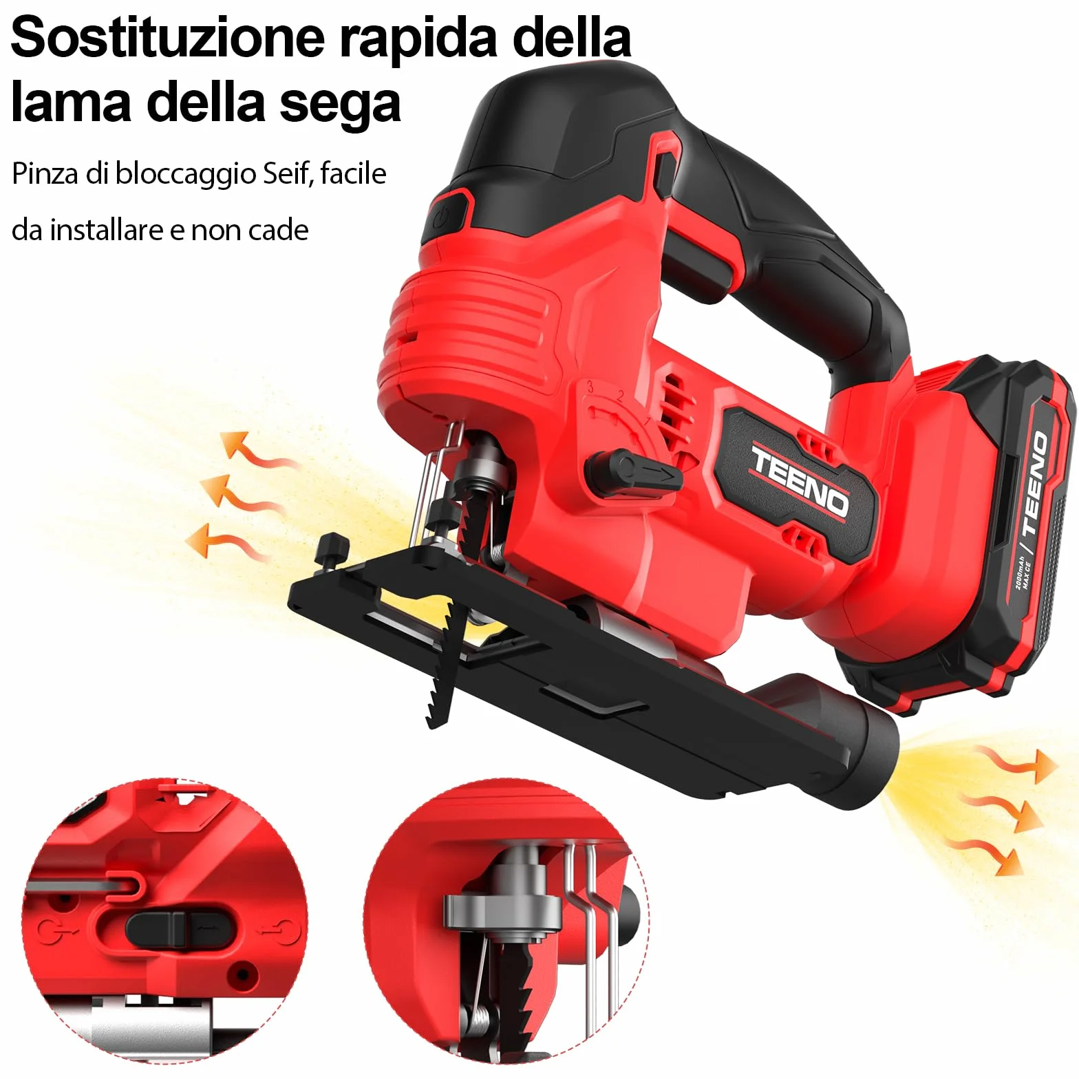 TEENO Seghetto Alternativo Senza Fili Per Batteria Makita 20V, Seghetto Alternativo laser 800-3000 SPM, 6 VELOCITÀ, LED, Angolo ±45°, 5 lame per Legno, Plastica, Metallo (Due Batterie, 2.0 AH)