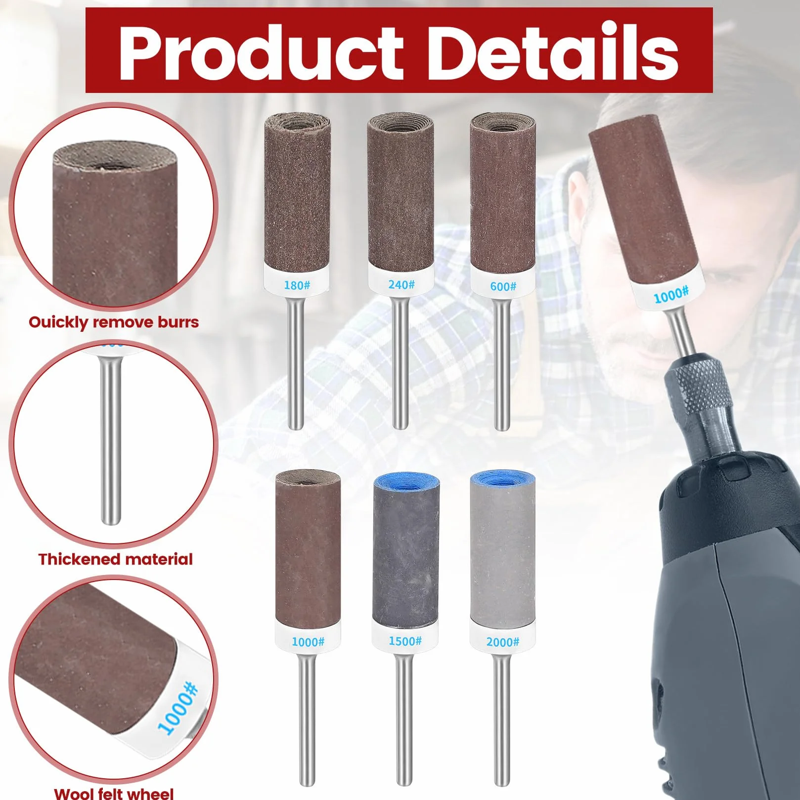 Dremel Tamburi Abrasivi Manicotti Carta Vetrata Grana 180/240/600/1000/1500/2000 Albero 3 mm