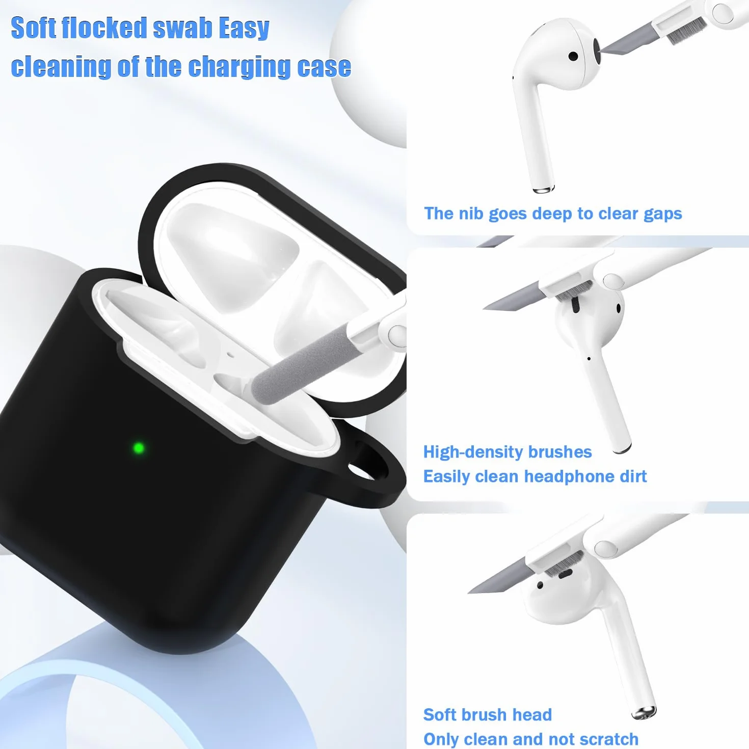 Custodia per Airpods 1a/2a generazione (2016/2019),Custodia protettiva in morbido silicone per Airpods 1a/2a con LED visibile sulla parte anteriore,con kit di pulizia,Nero