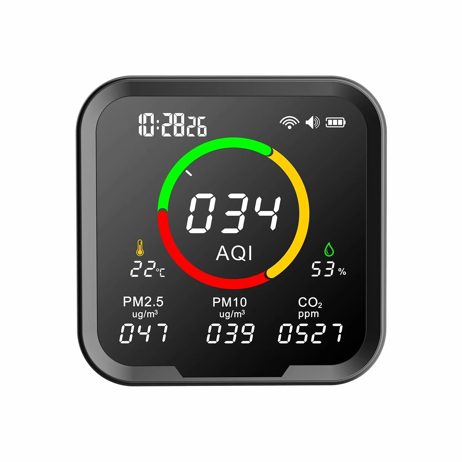 Rilevatore di gas, Rilevatore di CO2 6 in 1, monitor a qualità 'aria, misuratore anidride carbonica, tester temperatura e umidità digitale, orologio,per casa e camper