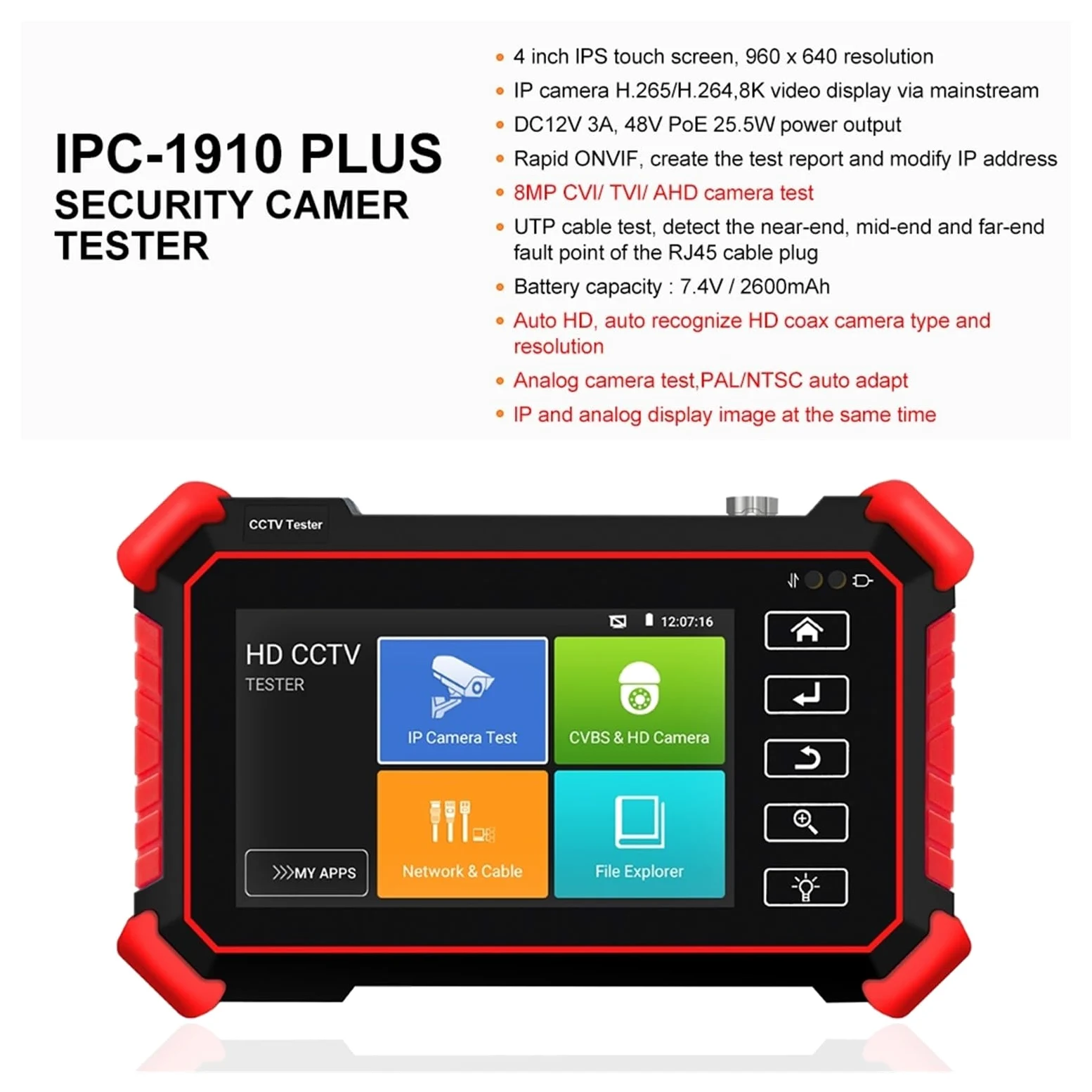 Tester IPC Da 4 Pollici 8K Supporto 8MP AHD/CVI/TVI Tester For Telecamere Analogiche Monitor CCTV Tester For Tester For Telecamere IP(IPC-1910)