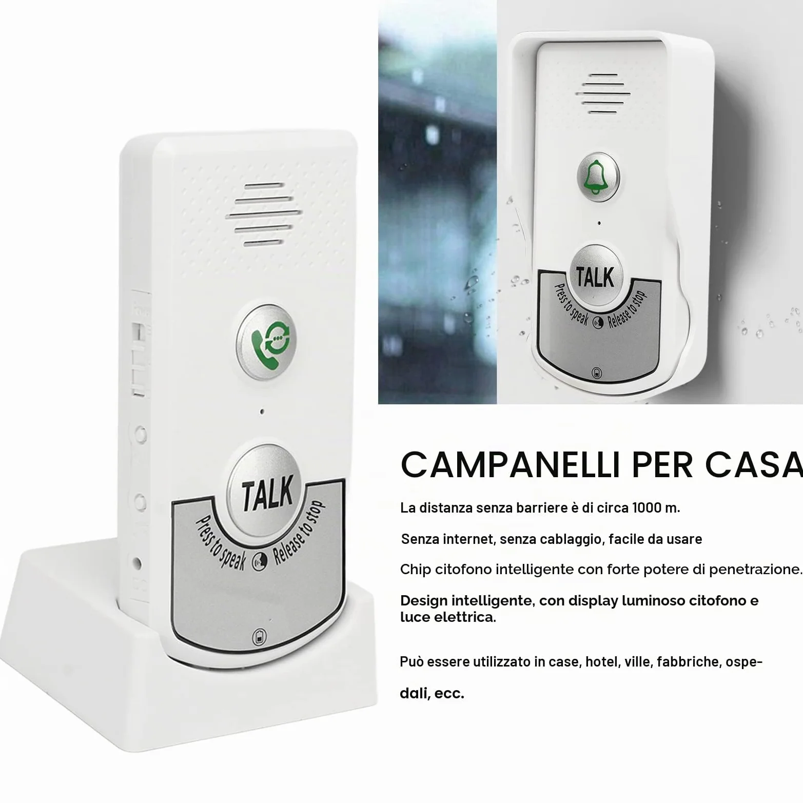 Campanelli per Interfono Senza Fili, Lunga Distanza di 1000 M, Campanelli per Interfono Vocale di Sicurezza Domestica per Interni Ed Esterni per Case, Hotel, Uffici, Fabbriche