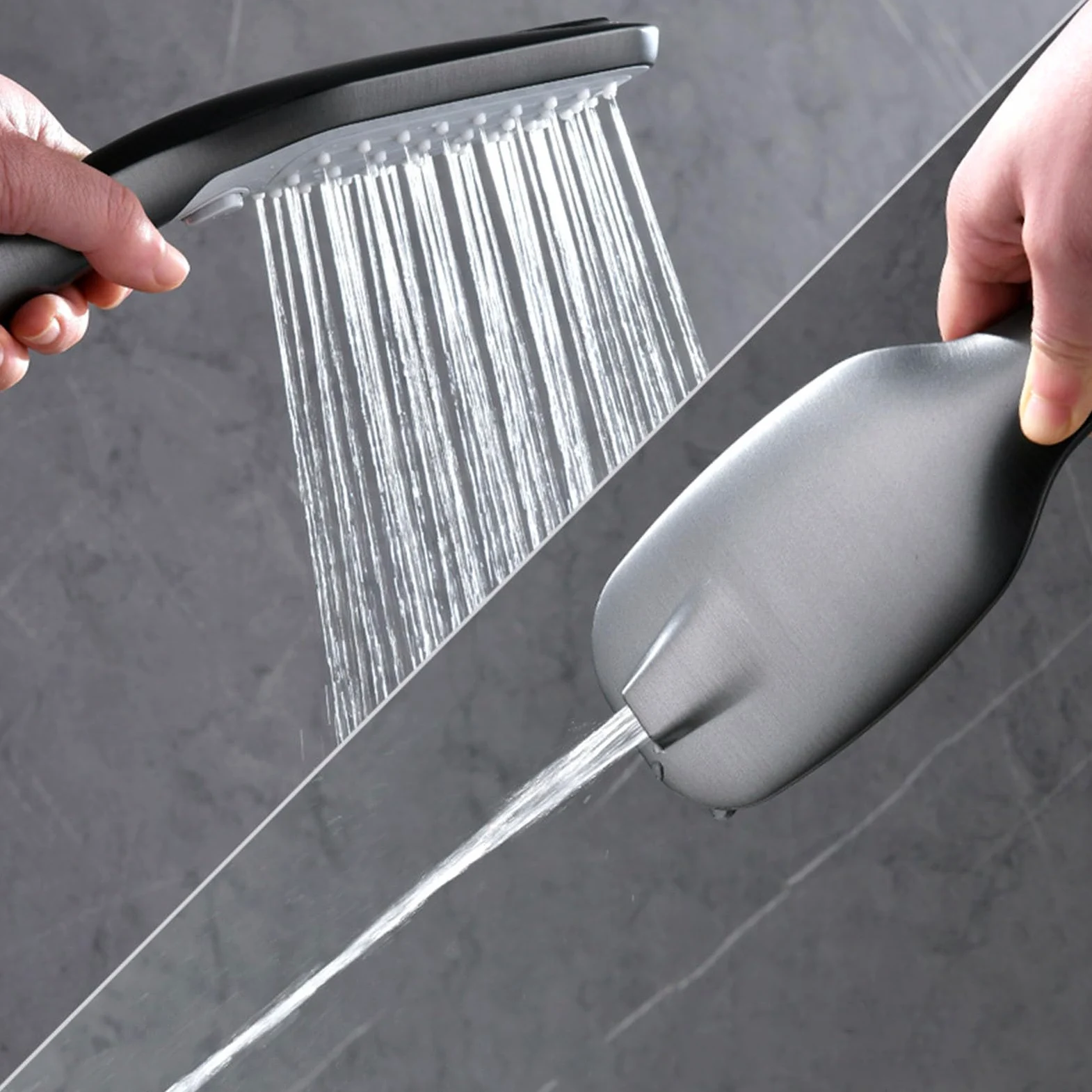 Kit Doccia a Muro con Soffione Rettangolare Miscelatore Cascata e Doccetta | Grigio Canna di Fucile Nucleo Della Valvola in Ceramica, Distanza Dei Fori Regolabile Da 13,5 a 16,5cm