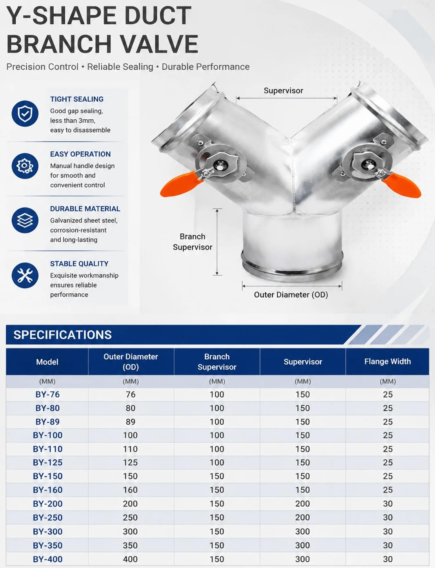 Serranda del condotto dell'aria in acciaio inossidabile regolabile a 3 vie | Smorzatore di volume manuale Valvola di non ritorno a forma di Y Connettore for condotto Adatto(200mm-8insh)