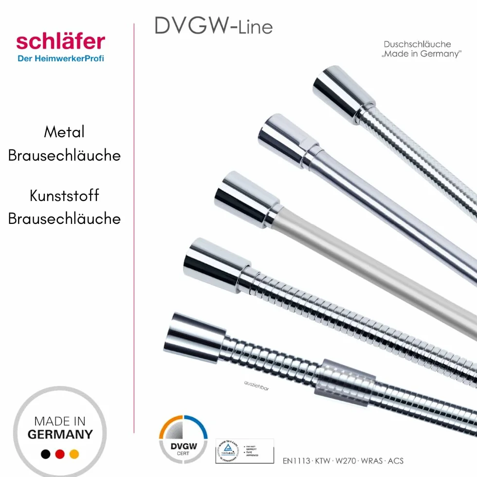Schläfer 807690 | Flessibile Doccia 2,00 metri Connessione Universale G 1/2" Tubo Flessibile Doccia 200 cm in Plastica, Flessibile Metaflex Argento, Tubo Spiro-Flex, Ottima Resistenza Antipiega