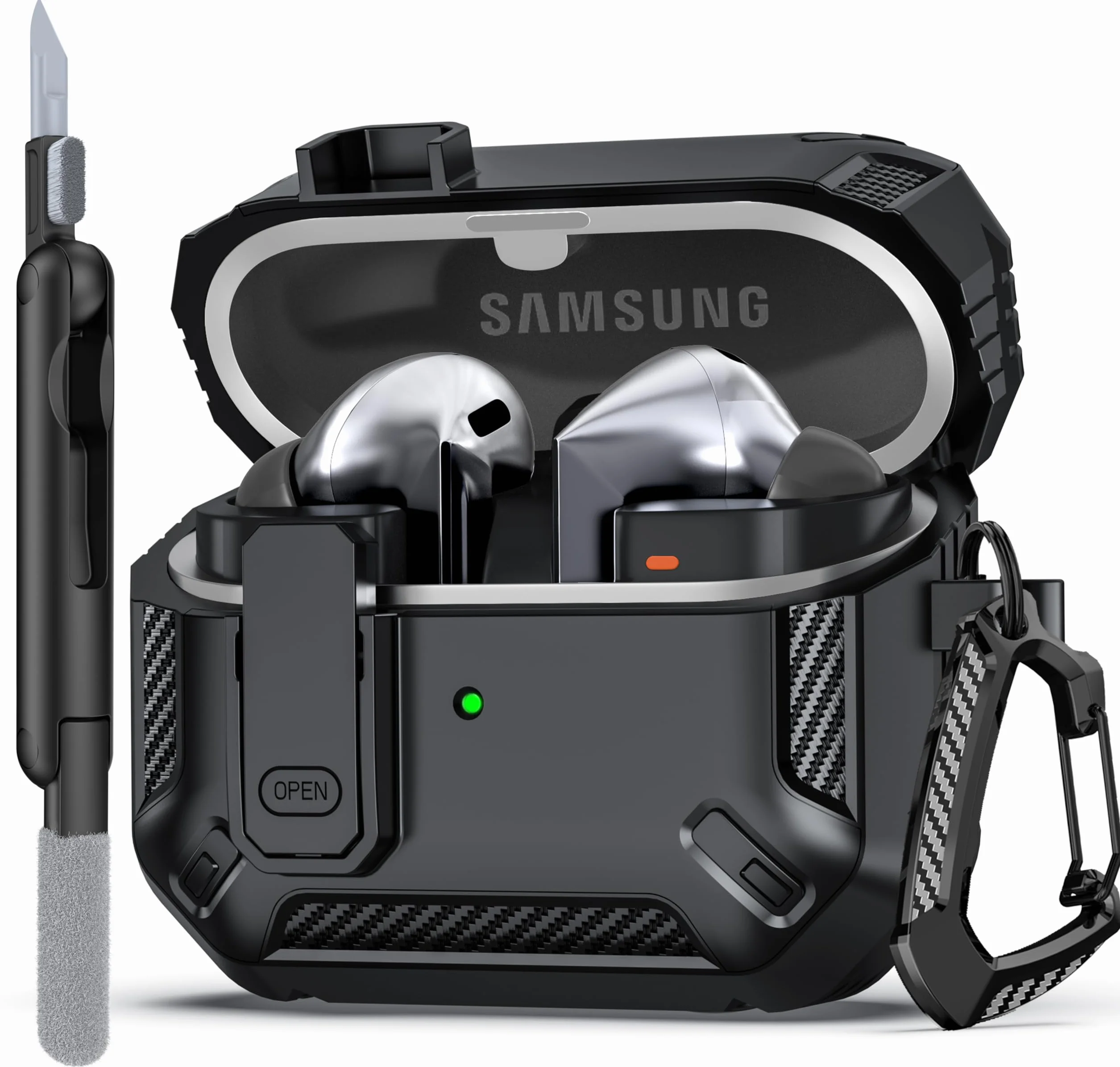 per Samsung Galaxy Buds3/Galaxy Buds3 Pro (2024) con chiusura di bloccaggio, custodia per cuffie anticaduta di livello militare con fibbia da trekking e kit di pulizia-Nero