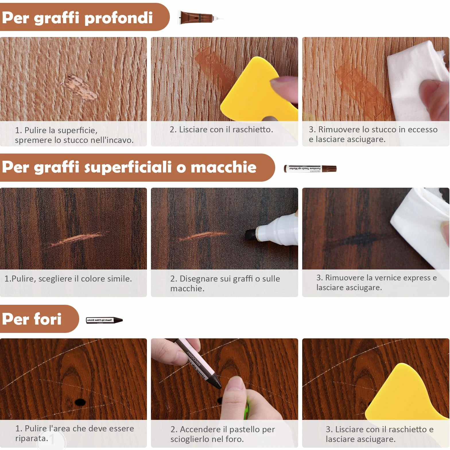 Kit di Riparazione Mobili in Legno - Set di 42 stucchi, Pennarelli e Bastoncini di Cera per la Riparazione di Mobili - Utilizzato per Coprire Graffi, Macchie, Tavoli, Scrivanie
