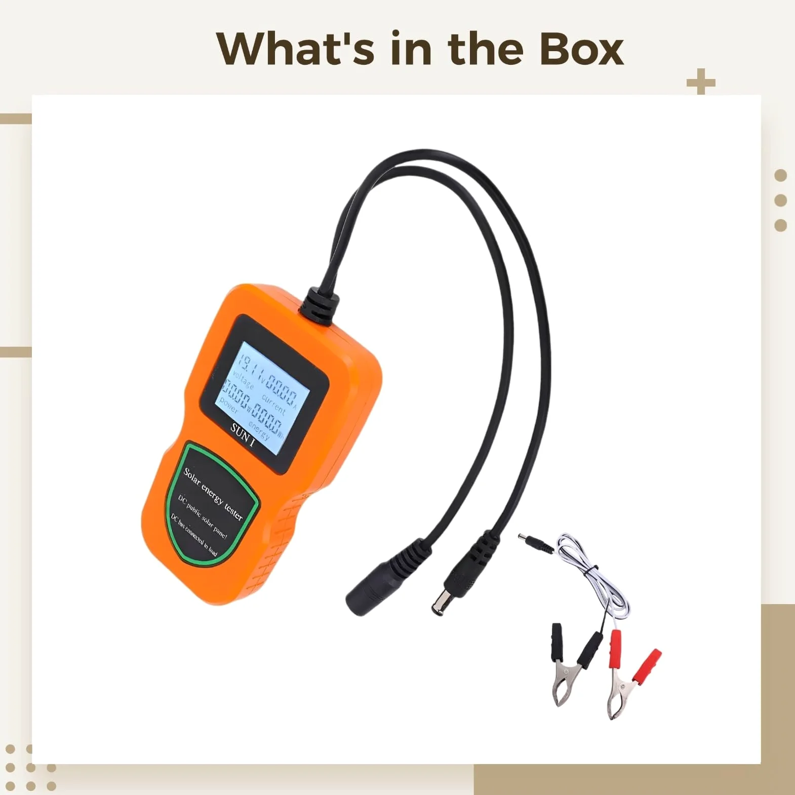 Tester per pannelli solari, 500 W, multimetro fotovoltaico LCD arancione, ampio raggio 5 W-500 W, display corrente di tensione, retroilluminazione, include clip di alimentazione, per analisi