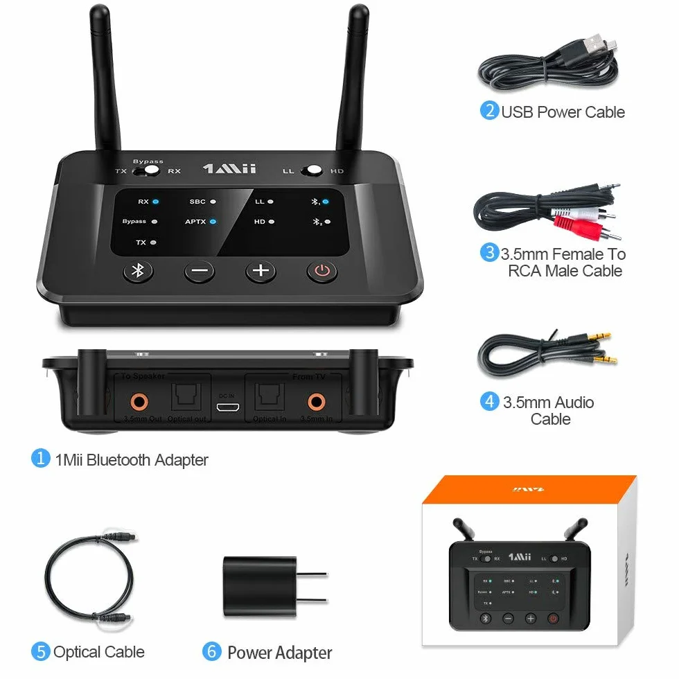 1Mii B03 Bluetooth 5.0 Trasmettitore e Ricevitore, Trasmettitore Ricevitore Bluetooth 5.0 aptX HD Adattatore Bluetooth Bassa Latenza per TV PC Stereo Sistema Audio Wireless Ottico Digital RCA AUX
