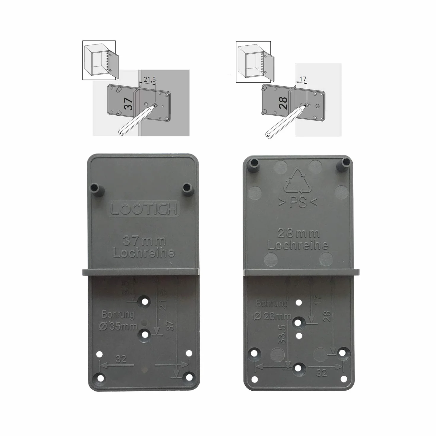 Maschera di Perforazione 32er Dima di Centraggio Ø 26mm e 35mm per Tazza Cerniera 2PCS Grigio