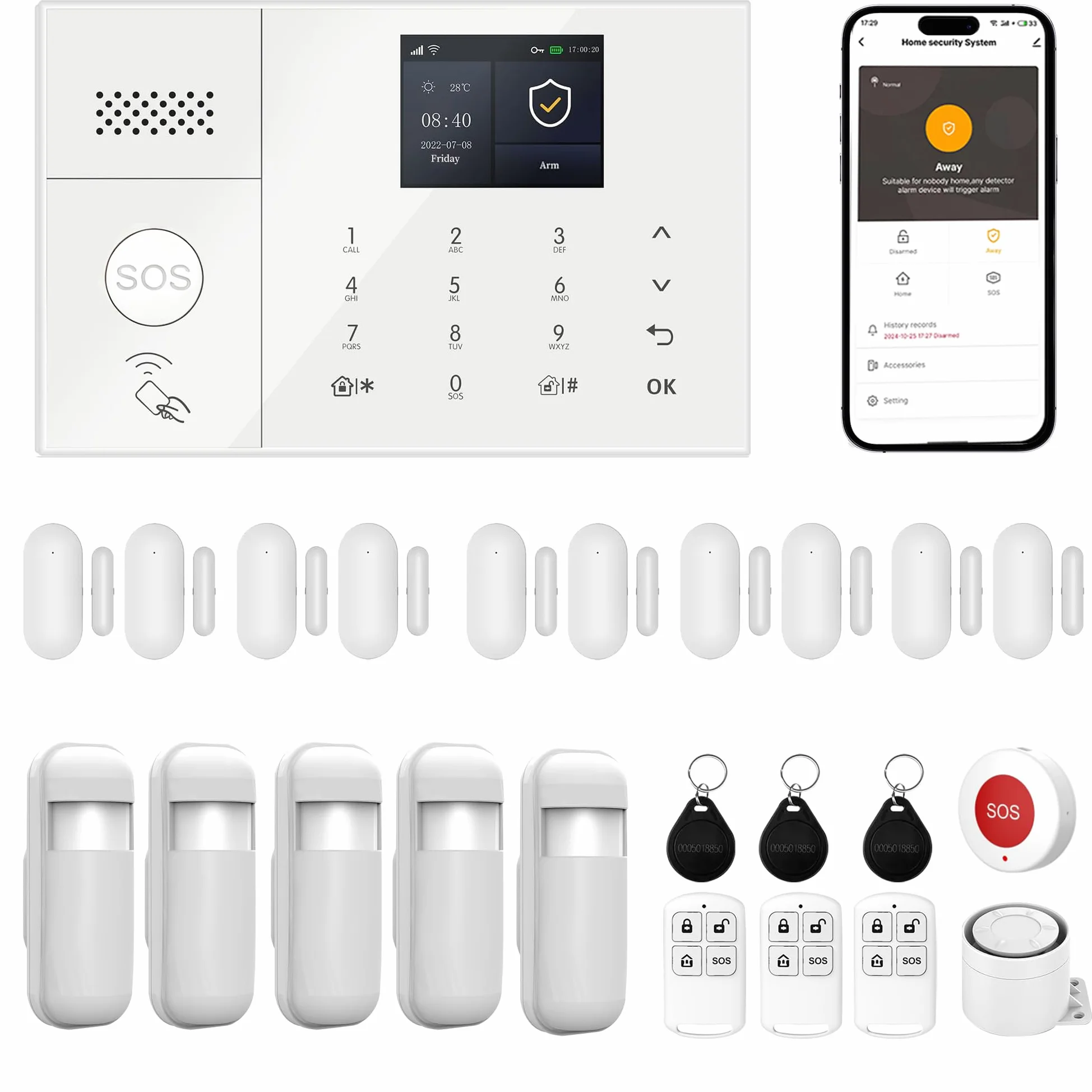 Sistema di Allarme Casa, Allarme Rilevatori di Movimento, Sensori di Porta/Finestra, Pulsanti SOS,Controllo Remoto, Protezione Anti-Intrusione per Casa (24 kit Set)