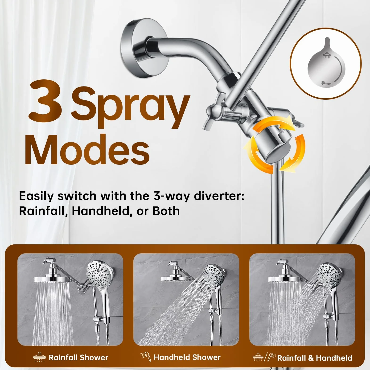 BRIGHT SHOWERS Soffione doccia a pioggia con doccetta integrata, doppio soffione ad alta pressione con braccio di estensione regolabile in altezza, deviatore a 3 vie, 9 impostazioni palmare, tubo