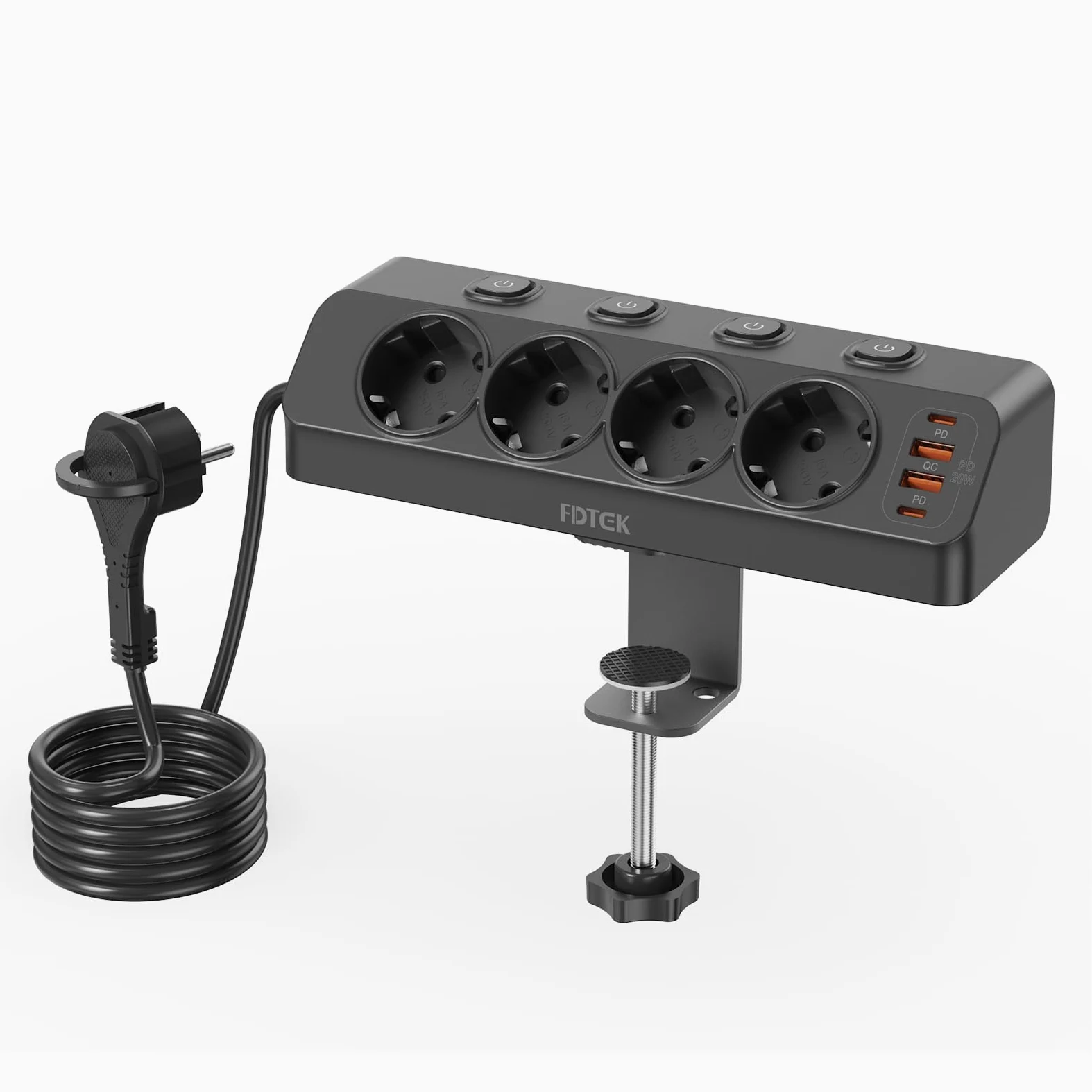 Multipresa 4000W con Protezione da Sovratensioni, Ciabatta Elettrica da Scrivania con Ricarica Rapida USB-C PD20W, Presa con 4 Interruttori Indipendenti, Ciabatta e Dispositivo di Fissaggio, Cavo 2M