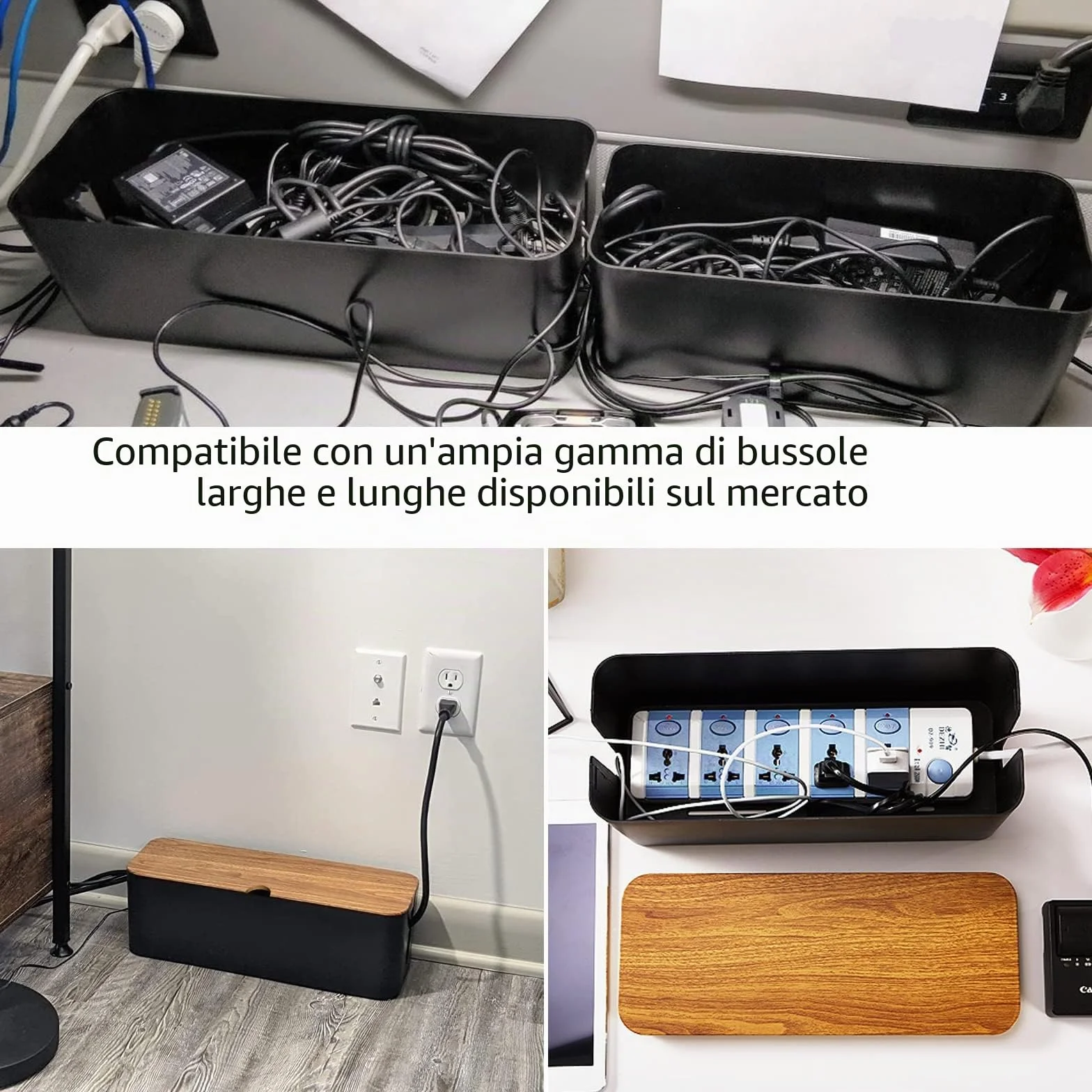 SENENQU Scatola Porta Cavi Nera Effetto Legno, Nascondi Cavi per Ciabatte e Prese, Organizer con Coperchio e Aperture Laterali