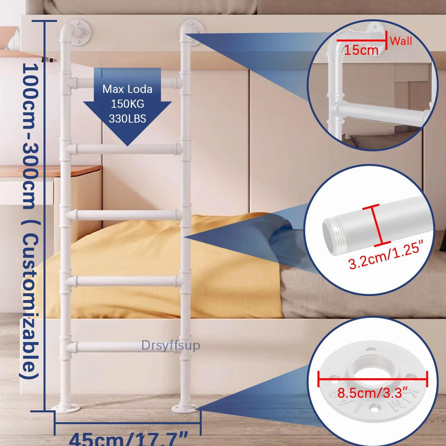 Scala da soffitta in metallo bianco - Facile da installare, scale di uscita per finestre da seminterrato, scala di emergenza antincendio per letto a castello di camper, dormitorio, scale a pioli(100cm
