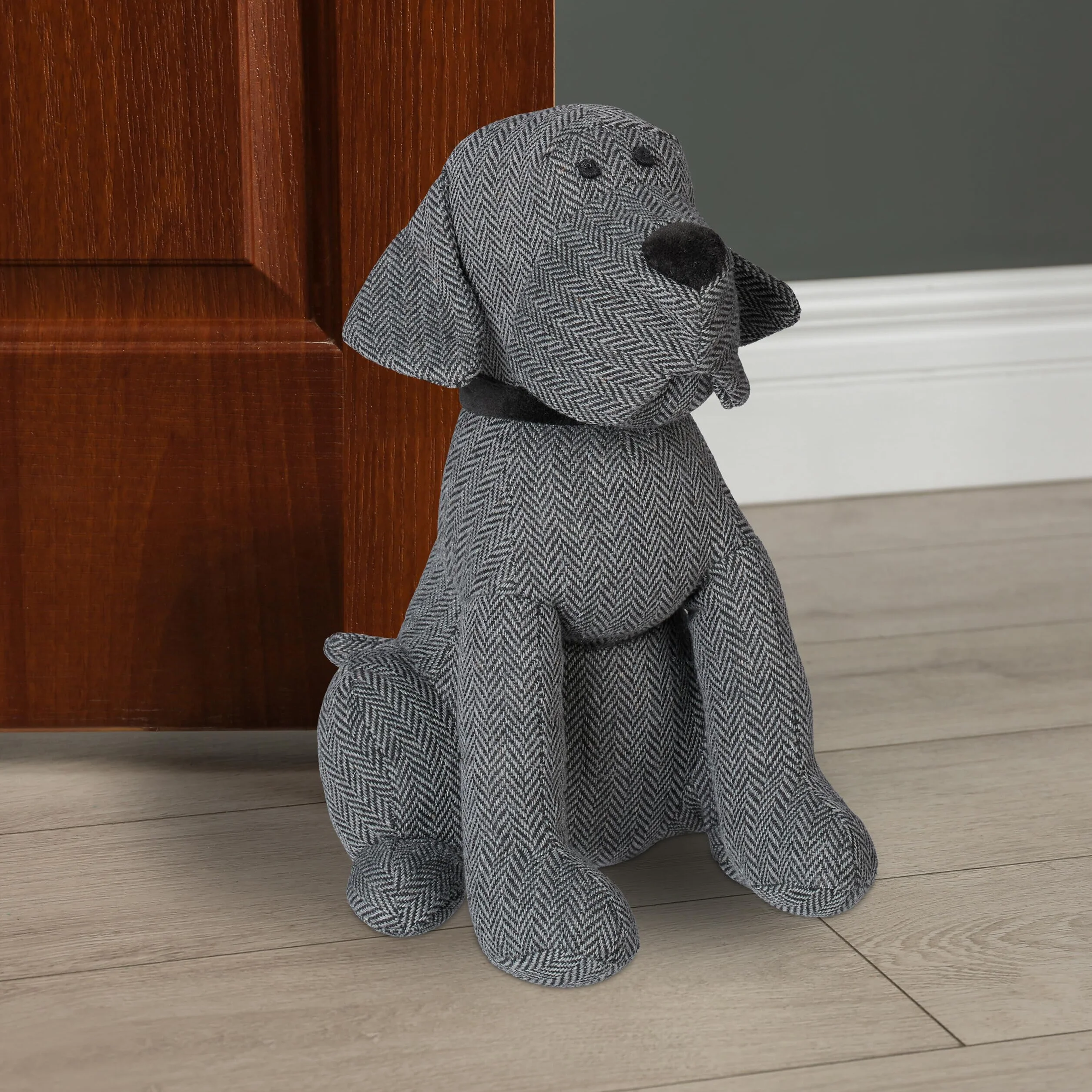 3x Cane Fermaporta, Blocca Porte Decorativo, da Pavimento, Imbottito, HLP: 28 x 17 x 19 cm, in Tessuto, Grigio