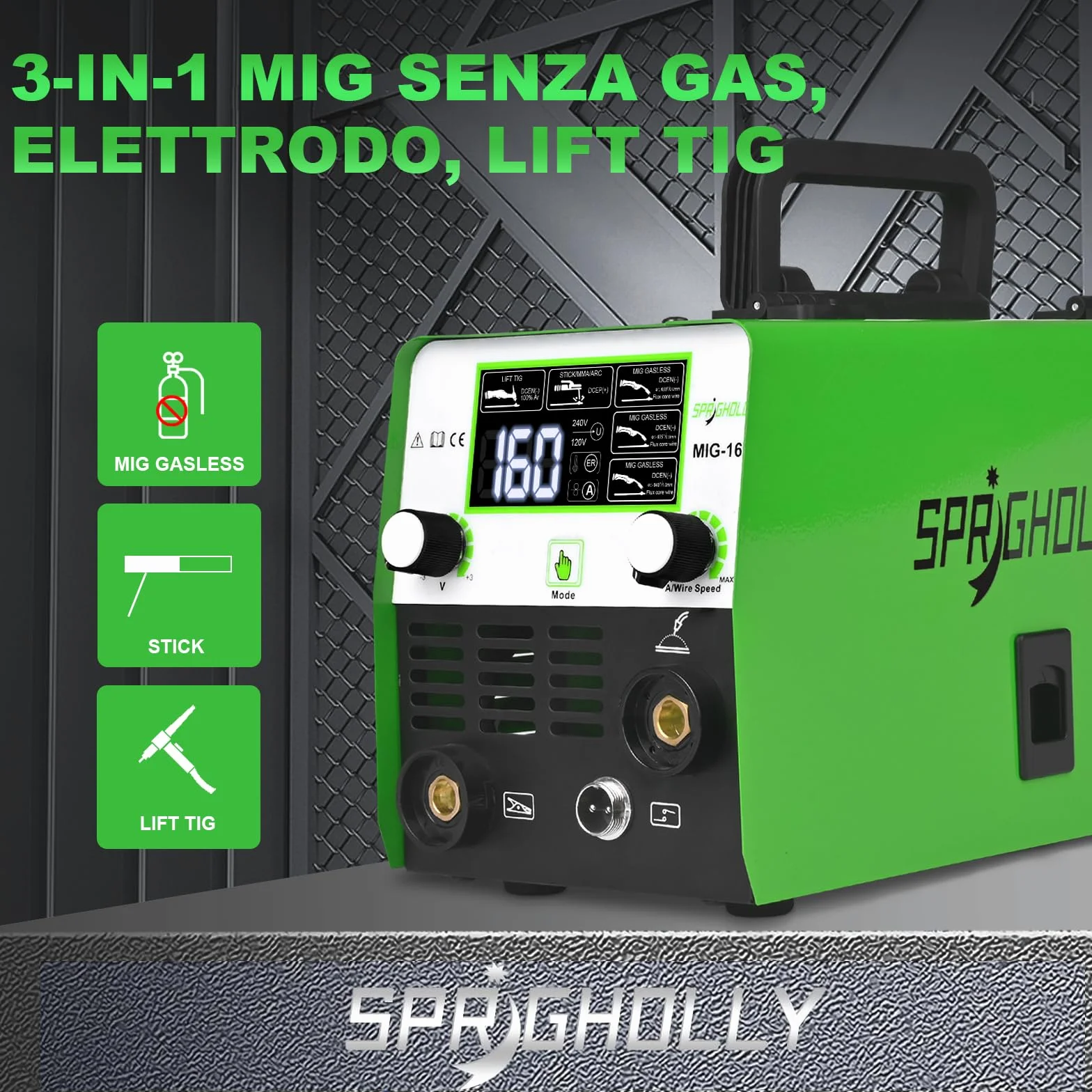 Saldatore Inverter IGBT 160 A 230 V MIG/MMA/Lift TIG 3 in 1 con Display LED