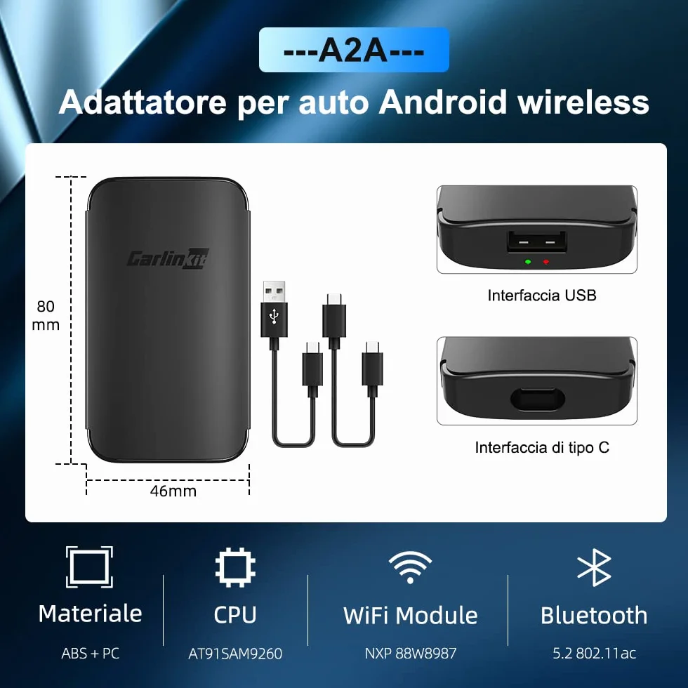CarlinKit adattatore Android auto wireless，connessione wireless vera, basta plug and play