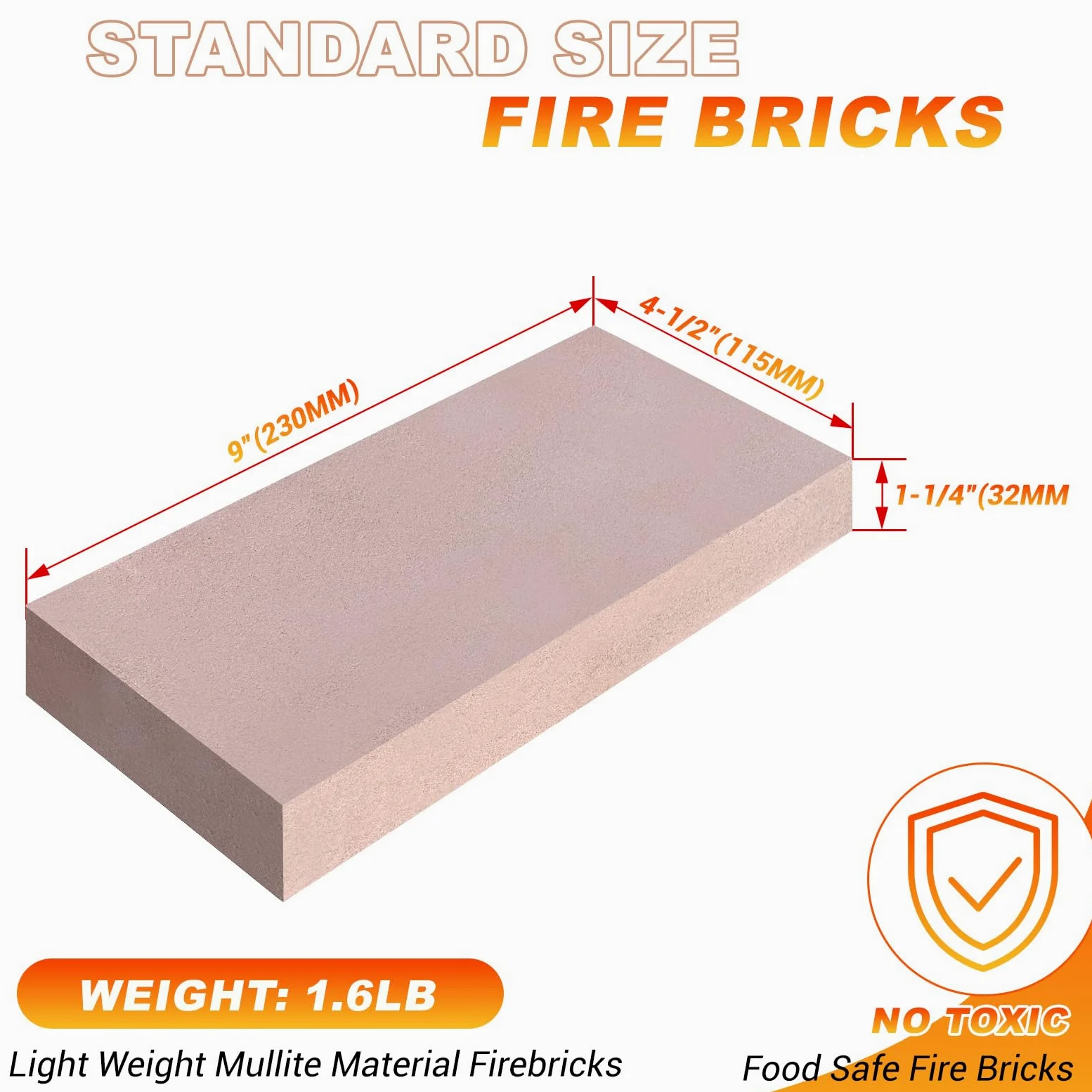 Mattoni refrattari, mattoni refrattari in argilla resistente alle alte temperature, per stufe a legna, camini, forni per pizza, braciere e affumicatori per barbecue, dimensioni 22,9 x 4-1/2 x 1-1/4