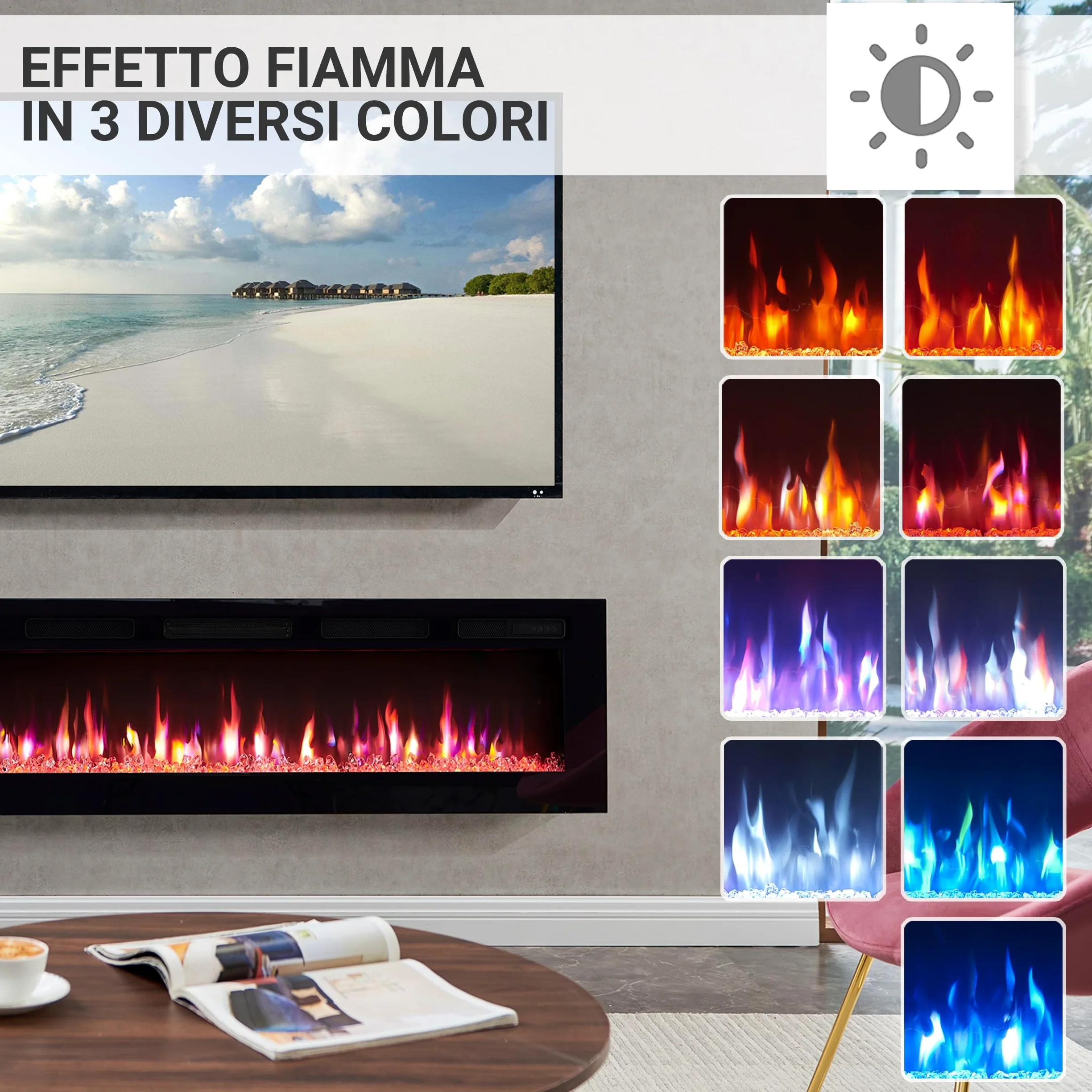 BALDERIA camino elettrico Leif 60"| Caminetto elettrico a pavimento o a muro con riscaldamento 2000 W | Effetto fiamma 3D | Focolare a terra o a parete con telecomando, timer, termostato | Nero