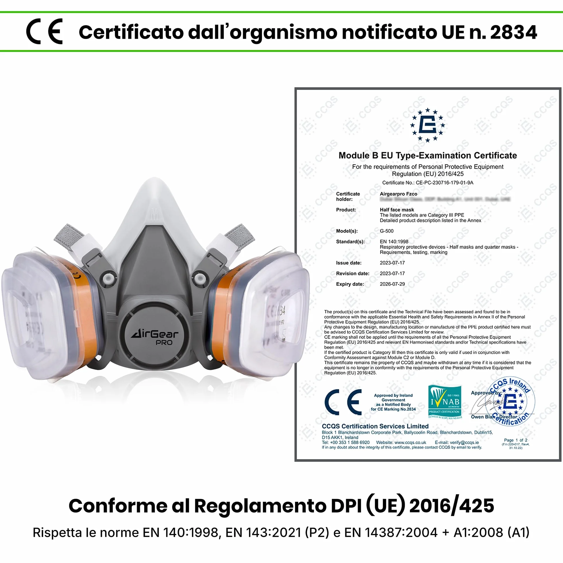 AirGearPro G-500 Maschera di protezione respiratoria riutilizzabile con filtri e occhiali di protezione
