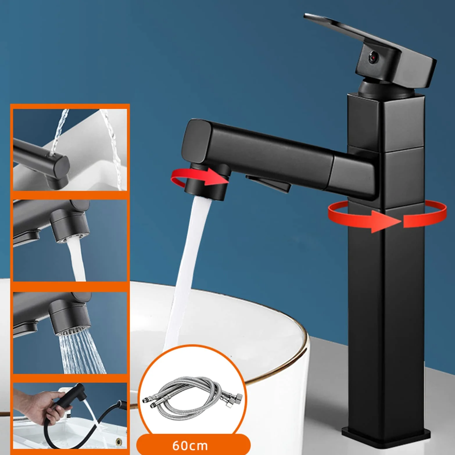 Generico Rubinetto da Bagno Rubinetto Miscelatore Girevole con Doccetta Estraibile per Lavabo da Cucina E Bagno Nero Quadrato Alto